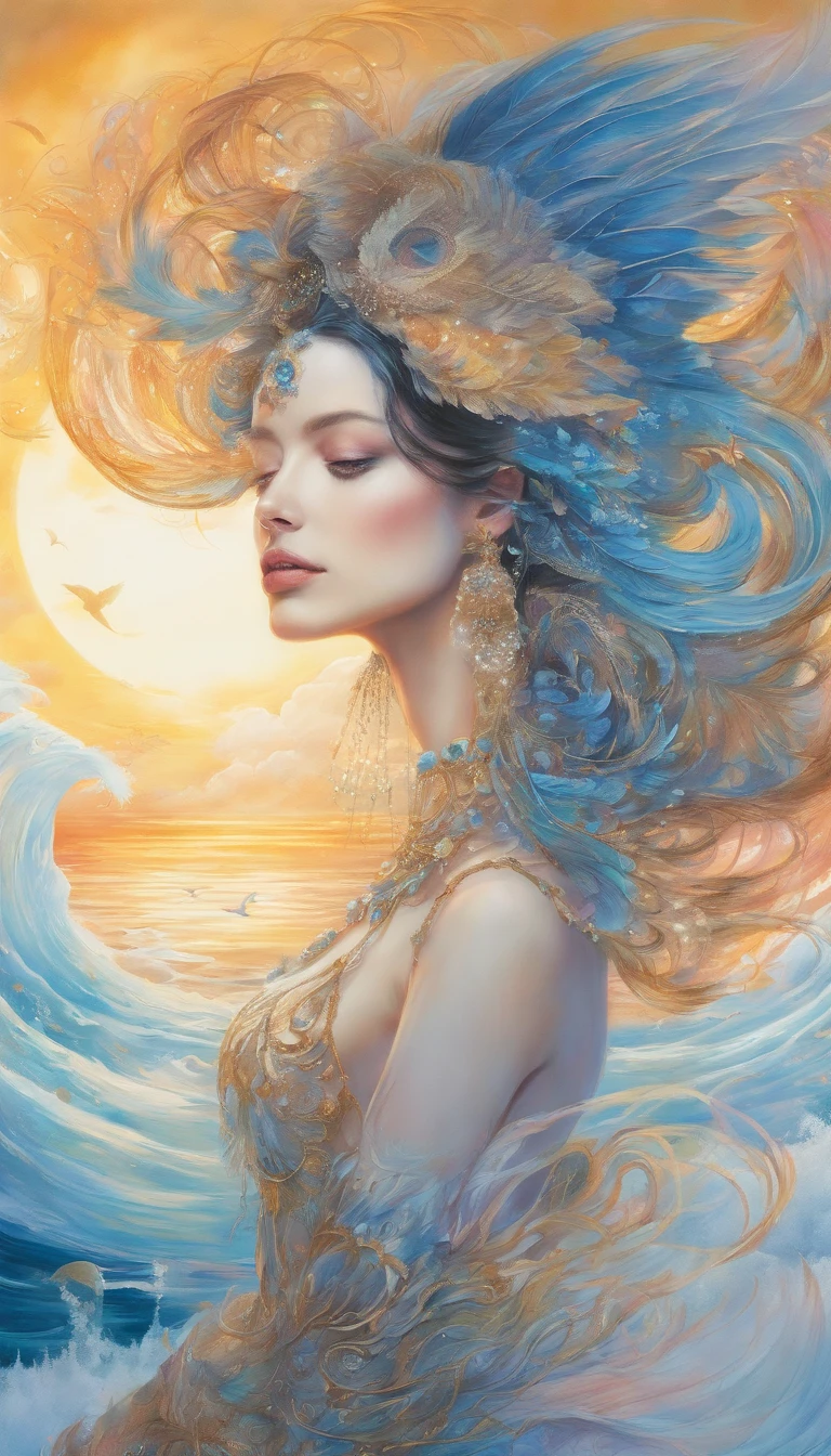 multi-layered watercolor by Hajime Sorayama, alcohol ink, bright paint silver blue gold, double exposure, golden feathers of flamingo bird, emerging from the swirling night fog, a stunningly beautiful sunset queen wearing intricate pearl and roshed shell jewelry and a beautiful print of ocean sunset waves, strange surreal details, big eyes against the background of the sea. background with moonlit night and stars,author e_rotic artexcitingly seductive concept art, stunning vibrant concept art, Magazine cover style, Random angle, metamorphosis,8K