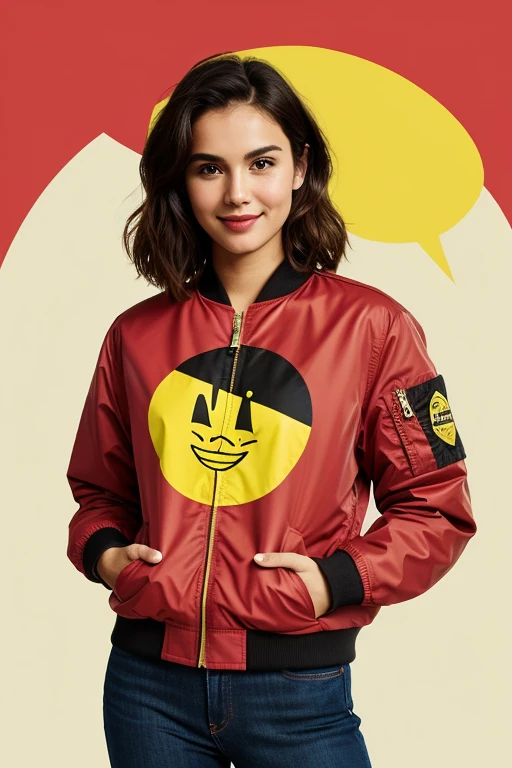 ((best quality)), Mid-20s, with an expressive face that conveys curiosity and knowledge.
A thoughtful expression with a hint of a smile.
Short, brown hair with a side part, styled in a relaxed way.
Wearing a stylish outfit like dark-wash jeans, a graphic t-shirt related to food or health, and a bomber jacket.
Holding a notepad and pen in their hands. A blend of pop art and flat design with bold outlines, a limited color palette (focus on red, yellow, and black), and a touch of comic book elements (speech bubble).