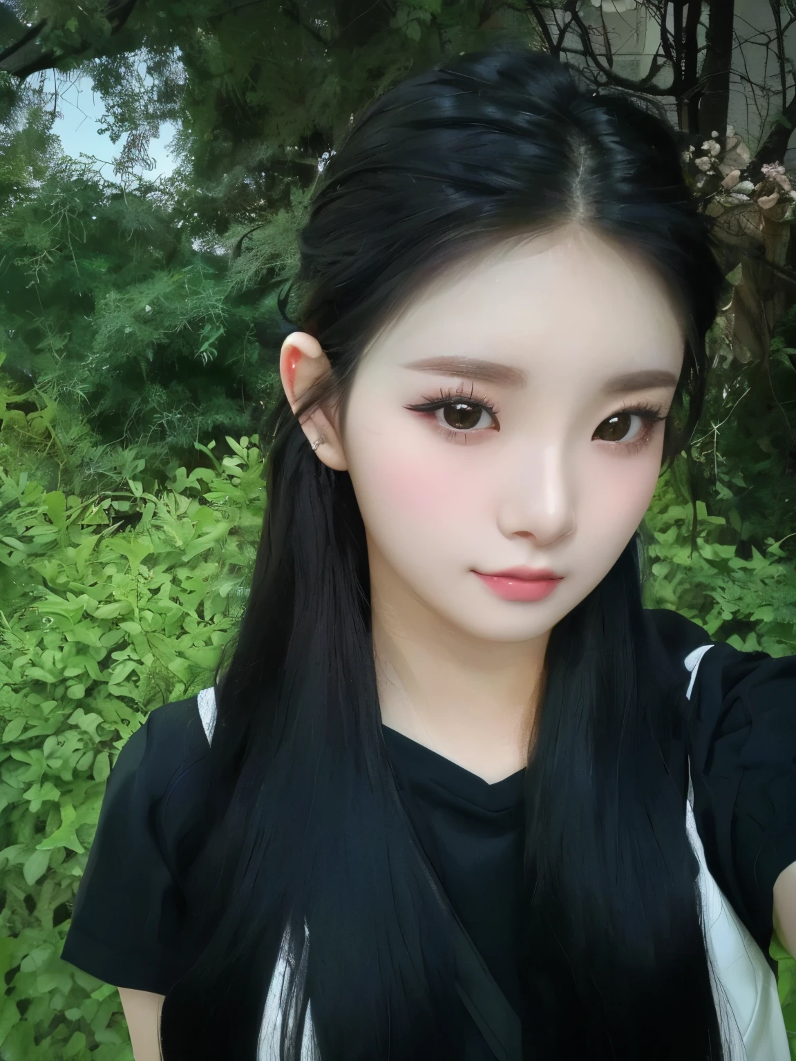 there is a young woman with long black hair posing for a picture, popular south korean makeup, ulzzang, popular korean makeup, young adorable korean face, young cute wan asian face, wan adorable korean face, light green tone beautiful face, black hair and large eyes, cute natural anime face, girl cute-fine-face, jinyoung shin, korean face features