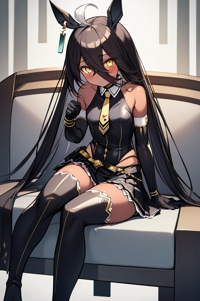 (masterpiece, highest quality:1.2), alone, One girl, Manhattan Cafe, Black Hair，Long Hair，Expressionless, View Viewer, Sitting, Chair, Ahoge,  Black gloves,  Single earring, tail，((White skin)),taimanin suit, black leotard, fishnets, elbow gloves, vambraces, armored skirt, thigh boots,