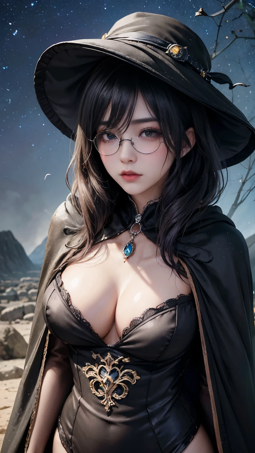 (Fatal Beauty,A charming villain,witch) ,(A supple and powerful physique),(Sensual charm),(Mysterious charm:1.1),(Captivating silhouette),((((Glasses))))、((((big sapphire necklace))))、(highest quality,High resolution:1.2),(dark,Threatening:1.1),((dark horror theme:1.5),(Thriller:1.5)),(Dark fantasy:1.5), (((Countless stars fly away:1.5),(Absurd:1.5),(wonderful:1.5))),Woman in a dress, (Powerful numbers:1.1),(((Big Breasts))),(((Muscular:1.1))), cute face, Sexy Face, , Very detailedなbeautiful女の子, (Ideal body type:1.8), Very detailed faceexpressive lips, (とてもbeautiful、Crisp big eyes:1.5), Fine skin., All features are shown in detail., The outline of the fingers is beautifully drawn....., The nose is precisely shaped., expressive lips, Perfect Anatomy,cute、Realistic、(Front view:1.4),(Face Focus:1.3), realistic girl rendering, 8k artistic german bokeh, Enchanting girl, Real Girls, Gurwitz, Gurwitz-style artwork, Girl Roleplay, Realistic 3D style, cgstation Popular Topics, 8K Portrait Rendering,(truth,truth:1.4),Sexy Body,( Very lean body:1.6),Sexy pose, blush, Attractive body, Very curly hair, Purple Curly Hair, very big hair, Very curly hair, prime color,Urban,Very detailed,masterpiece,Intricate details,Faded,Very detailed, Eye on the details,Intricate details,暗くてSpooky atmosphere, spiritual being, Unforgettably beautiful, Ghostly figures, Shadow-like shape, Spooky whispers, Ominous Aura, Goth Maiden, Like dazzling fur in a starless haze,Her Mogul Snaps, Mysterious Cemetery,Black hair swaying in the moonlight, She summons darkness, (beautiful: 1.7), (Black Hat: 1.6), (An intricately decorated jet-black cloak: 1.6), (Delicately decorated cloak, Despite the damage: 1.5), Hypermaximalist, Breathtaking oil paintings, Surreal, Ultra-realistic digital illustrations that mimic the style of oil paintings, wonderful構成, (Shining Eyes:1.6)、(Glowing Eyes:1.1),(hellish landscape:1.1),(fire,sulfur:1.1),(Threatening atmosphere:1.1),(dark shadows,Threatening presence:1.1),(Unlucky Clouds,Stormy Skies:1.1),(dark,Spooky atmosphere:1.1),(Aura of misfortune,Evil energy:1.1),(dark aura,cigarette:1.1),(Extreme heat,Burning Flames:1.1),(Nightmare Visions:1.1),(Predicting the end:1.1),(Whispers of misfortune,Devilish Laugh:1.1),(Cries of pain,echoing screams:1.1),(Bad luck symbol,Ancient runes:1.1),(Mysterious Relic,dark art ifacts:1.1),(Infernal Ritual,Ritual sacrifice:1.1),(Eternal Ruin,A hopeless existence:1.1), Inspired by abandoned mech backgrounds. Art created by Craig Mullins, Necrostyle., Detailed Description, Futuristic sci-fi scene. Focus on SFCon