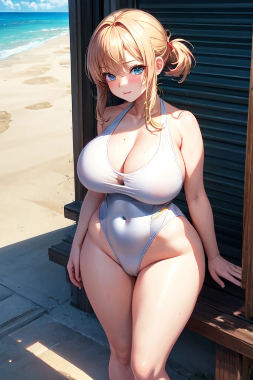 creates a 20-year-old anime girl in a white swimsuit with big breasts and wide hips washing a porch with a road landscape and right next to the beach in hot weather