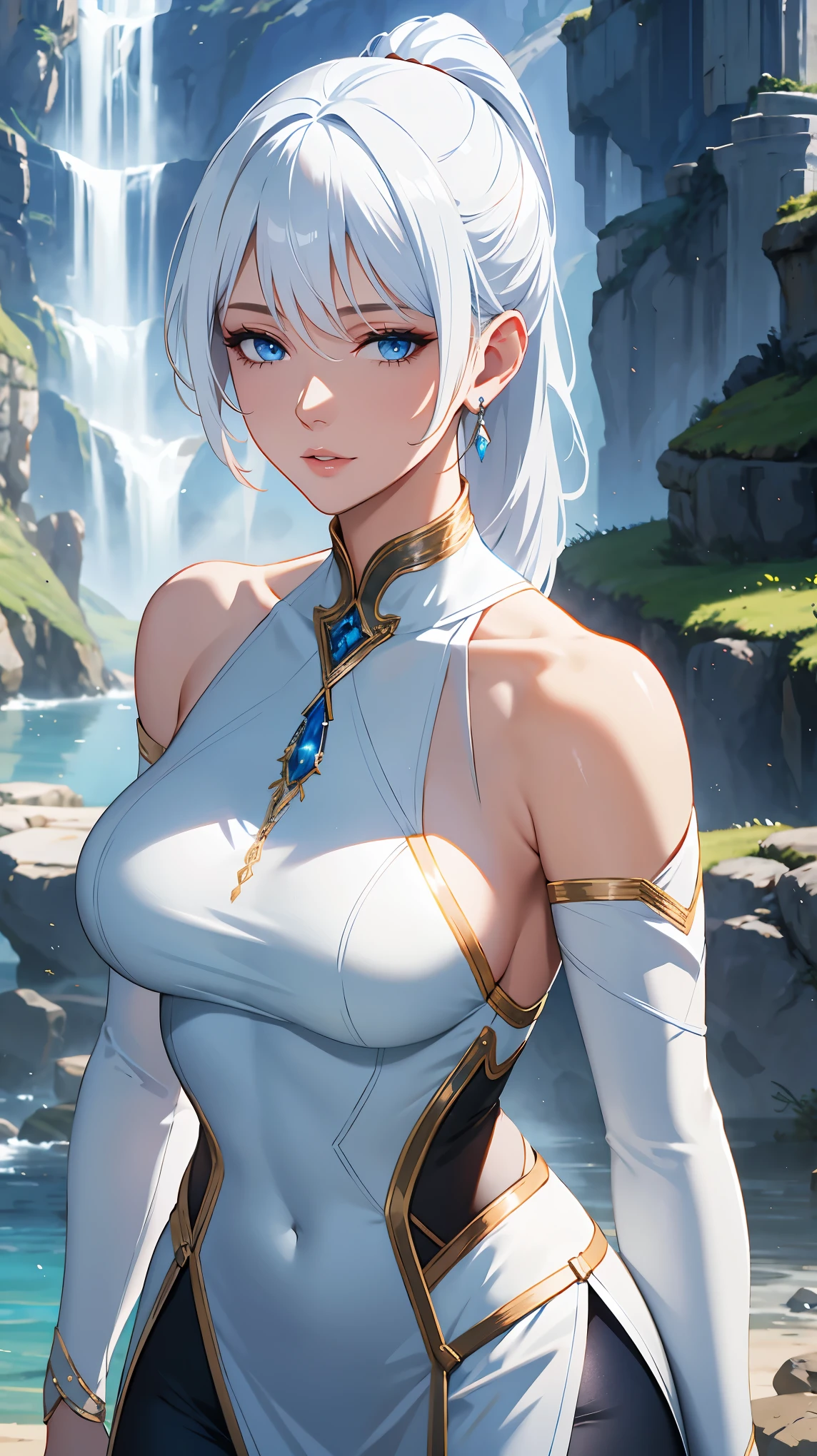 Upper body, Elegant mature woman, white hair, long ponytail, bangs, blue eyes, bare shoulder, leggings, fantasy, medieval, scenery, 4k resolution, high quality