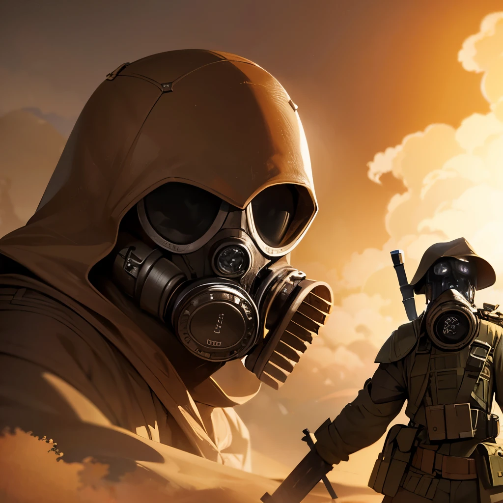 A man with gas mask far away, deserto , chuva de areia estilo rpg , elden ring