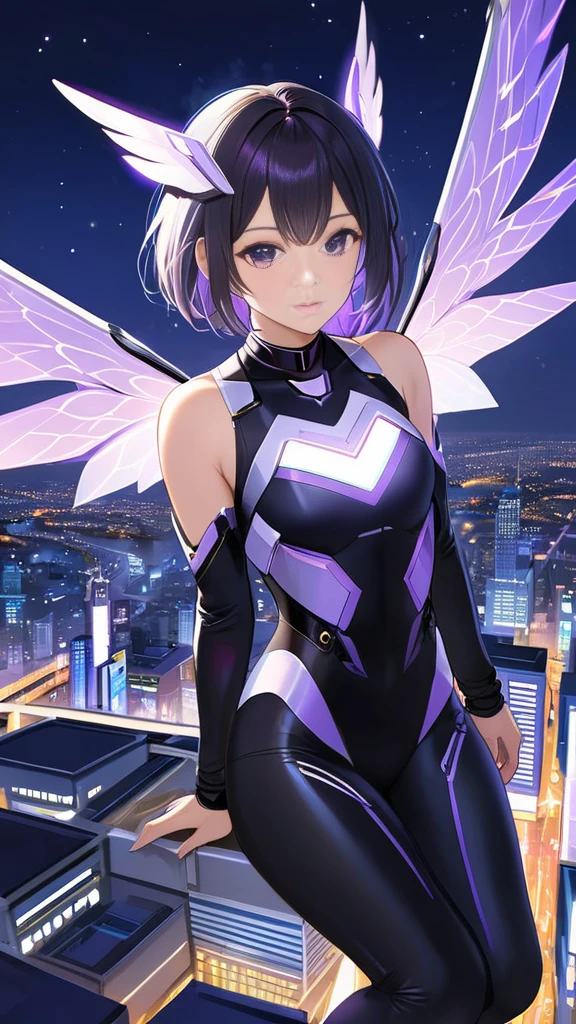 "A smart, strong, and sexy tomboy floated above the city at night, clad in futuristic hexagonal-patterned spandex with symmetrical robotic wings adorned with purple eyes, wearing a plain black choker, her gaze fixed downward at the shimmering lights below."