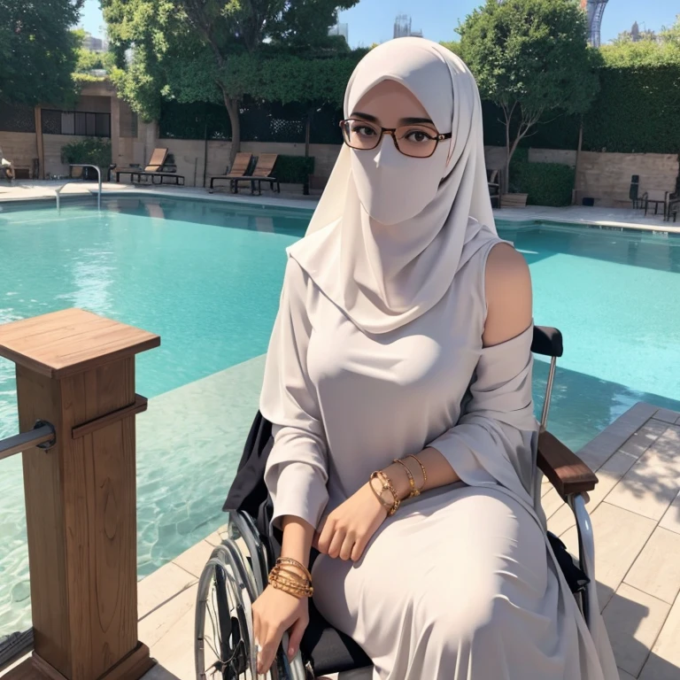 A beautiful high school glasses Arabian girl model, white skin, sharp nose, thin lips, circle face, skinny hands, skinny legs, tight bra, huge breast, off shoulder, wear hijab, arm sleeve, golden bangles, bracelets, necklaces, swiss polo watch, sitting on the wheelchair, Eiffel tower as the background, detailed squinting eyes, detailed horny face