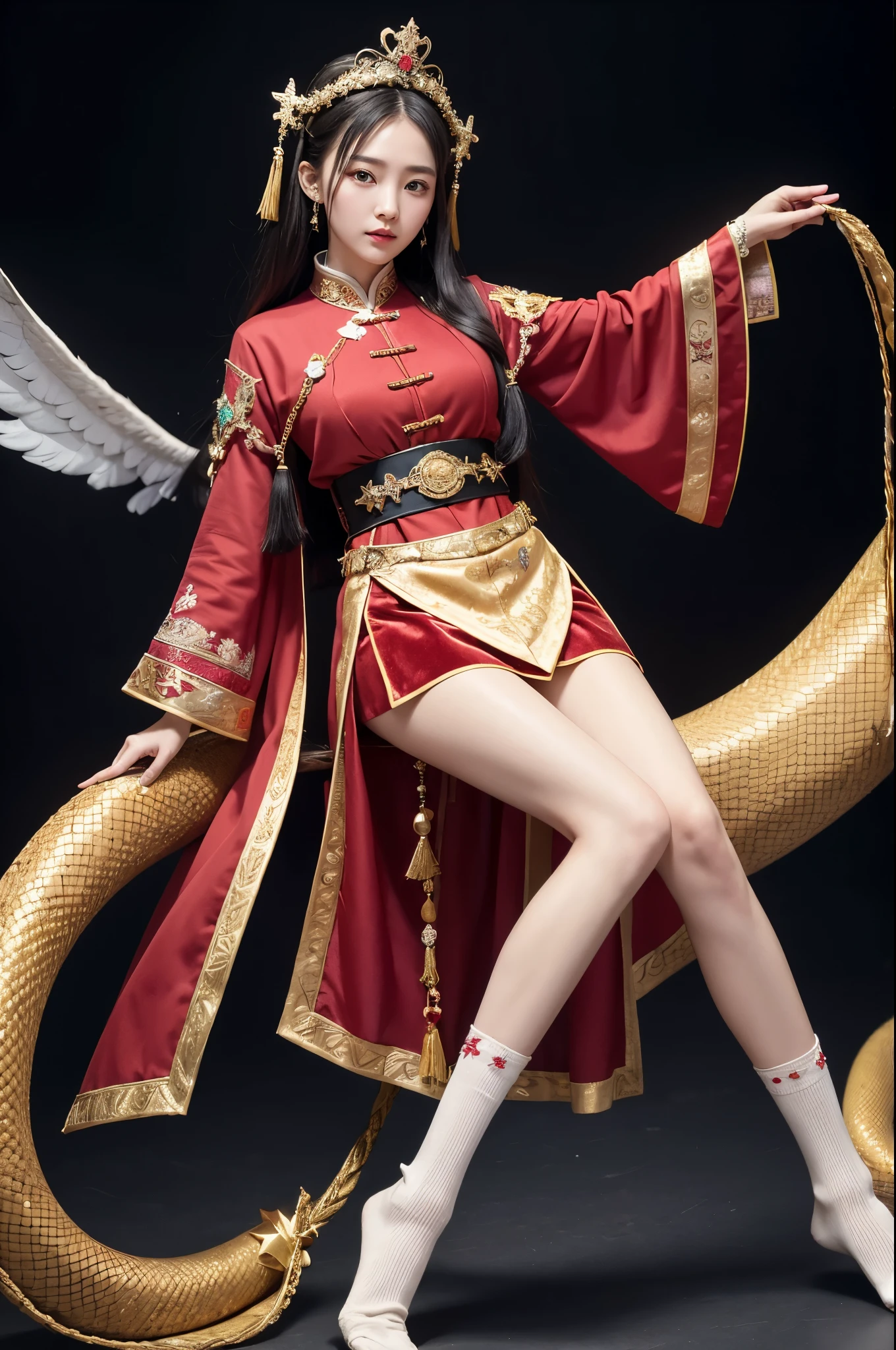 Wearing a star crown, flying colorfully，Wearing a red vestment。The shoes under your feet are full of embellishments，The precious belt around the waist is exquisite。A pair of Najin Lingbo socks，Half exposed skirt with embroidered velvet。Holding the Ruyi Golden Hook，The Jinzunli pole is as long as a python