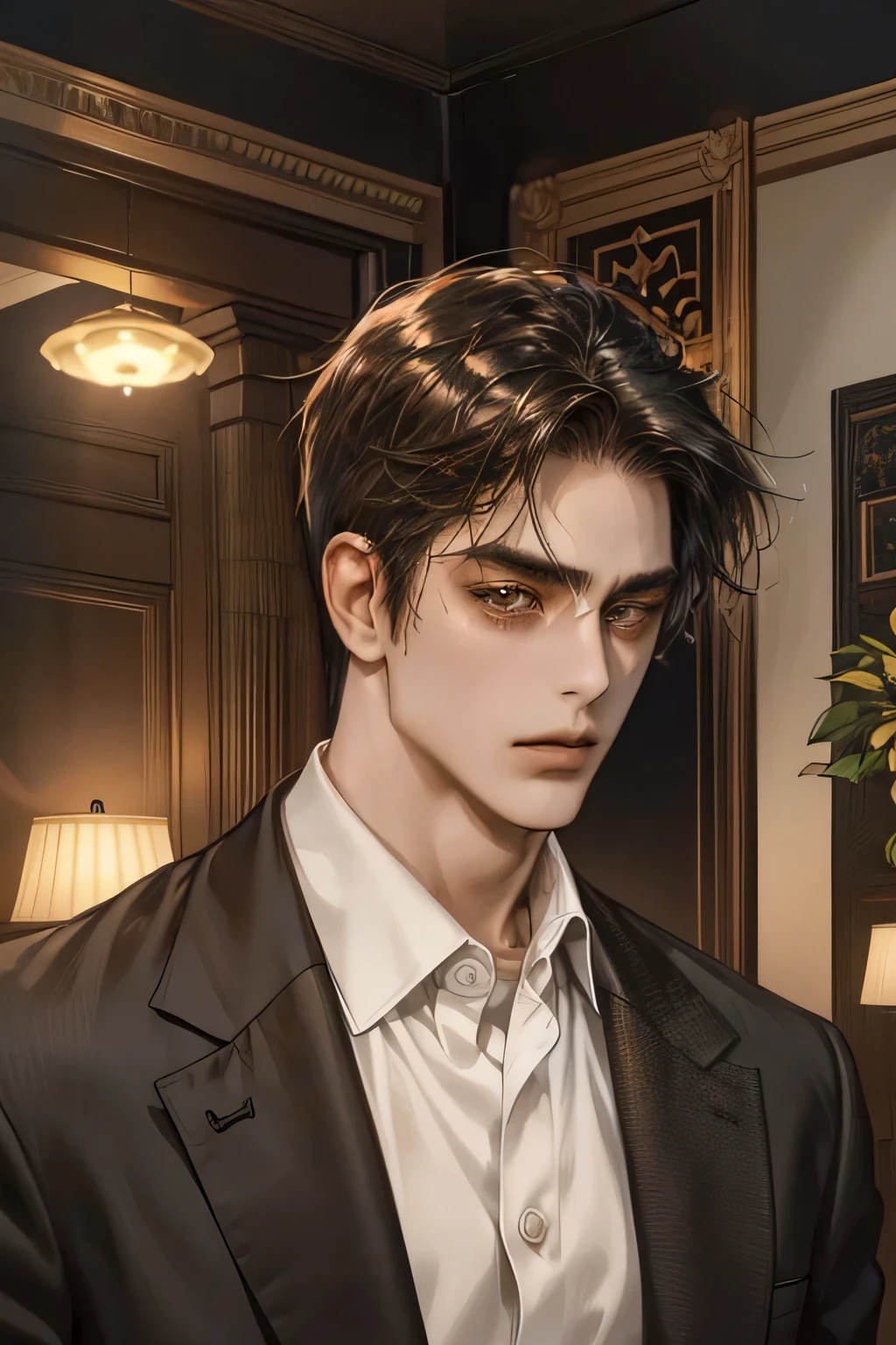(1 adult man 40 years old), black hair, ((Brown eyes)), (office suit), minimalistic furnishings, Large assembly, half of the body, portrait, good anatomy, (Detailed eyes), ((dark skin)), A face without emotion, (bottom up view), (Italian)