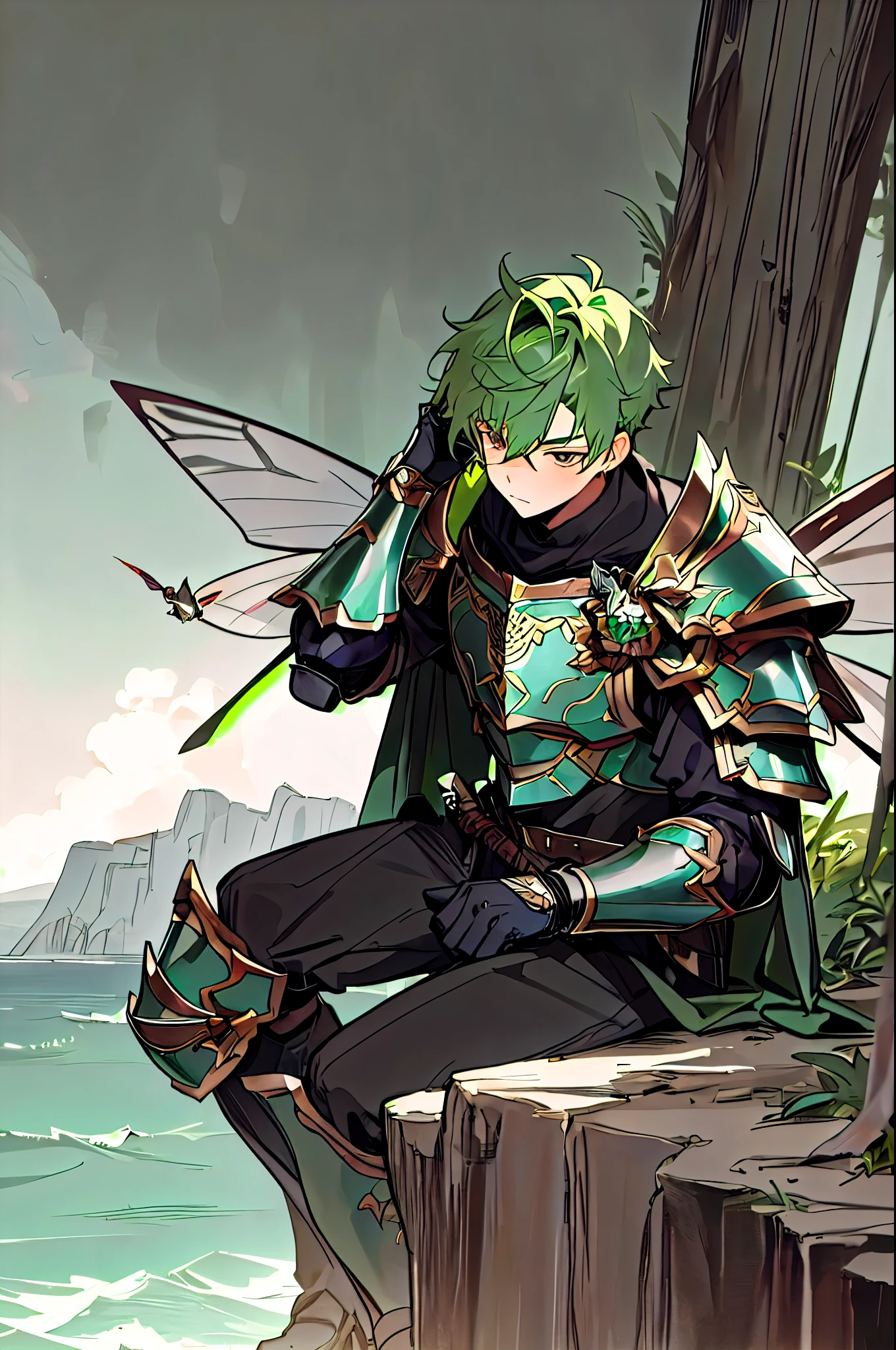 1boy, cute young boy, young boys face, boy with a heavy armor sitting on a cliff, boy sitting poses, knight, beautiful green hair, cute boy, boy in heavy armor, fantasy metal armor with beautiful fairy ornaments, cute boy with a handsome face, boy with moth wings, beautiful handsome boy, handsome anime boys face, boy with dark green hair, beautiful dark eyes, chestplate and shoulder armor, in his hands he has a iron sword, moth wings, moth insect wings, moth dust, boy sitting poses, in the background is a dark grey ocean with large shipwrecks, dark grey stormy weather, grey sky, bad weather, fantasy longsword, iron boots, heavy knee armor, shota boys face, beautiful green hairstyle, short arms and legs, sitting on a cliff, boy with moth wings, moth boy, moth winged, moth human