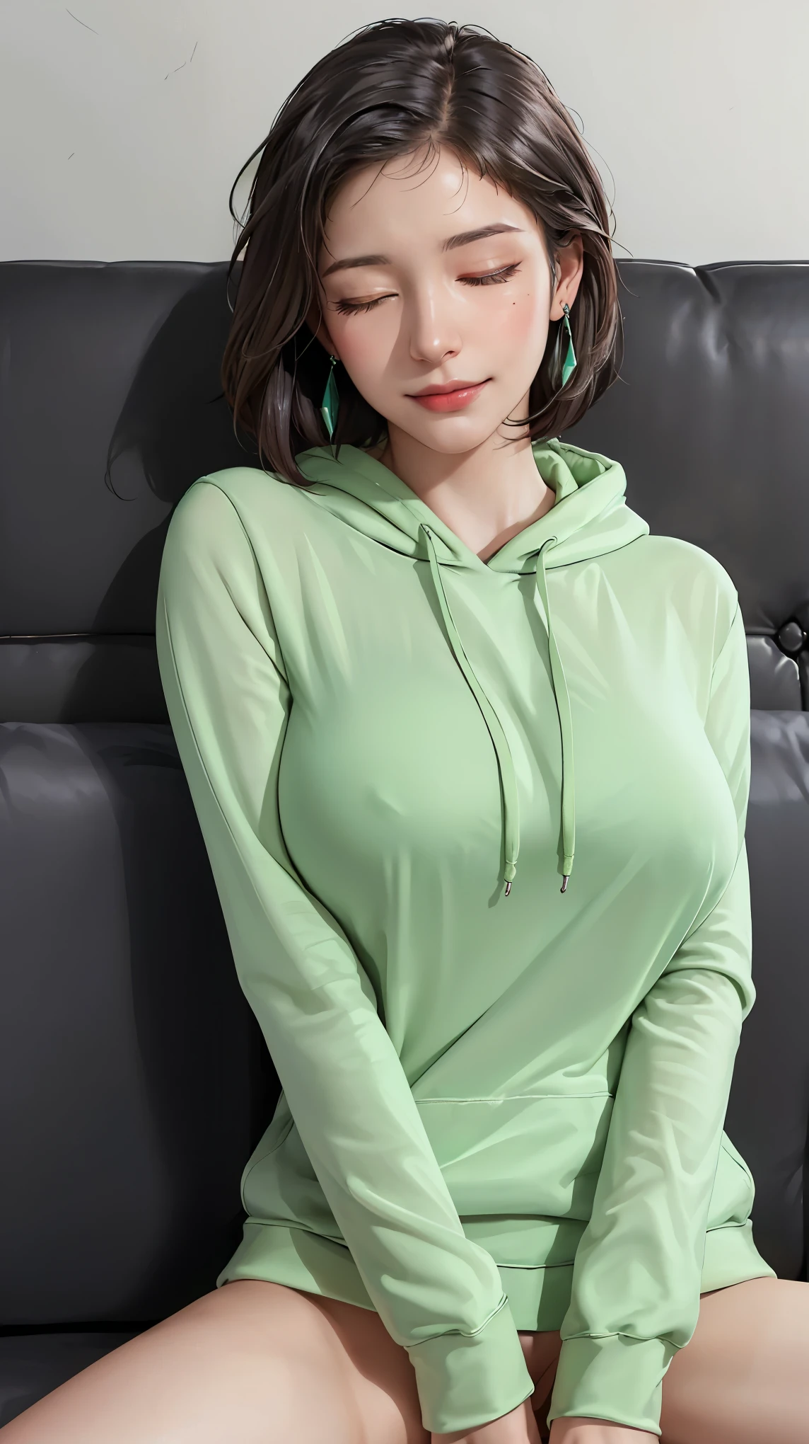 ((((masterpiece, best quality, high resolution)))), Extremely detailed 8K, Beautiful girl with voluptuous body, (Ultra HD, Ultra-detailed, Highly detailed, Highly realistic, Ultra-realistic, photograph realistic), (1girl:1.5), (Realistic black hair), (short wavy hair, hair ornaments, earrings), (dynamic poses), facing at camera, looking at viewer, (blushing red, embarrassed, smile), (green eyes, sharp eyes), (big perky breasts:1.2), (beautiful detailed face, beautiful detailed eyes), ((bright yellow oversized hoodie, no pants)), (detail pussy), (sleeping on couch:1.5), sweat, glow, (nightlight), ((cowboy shot)), bedroom, seductive