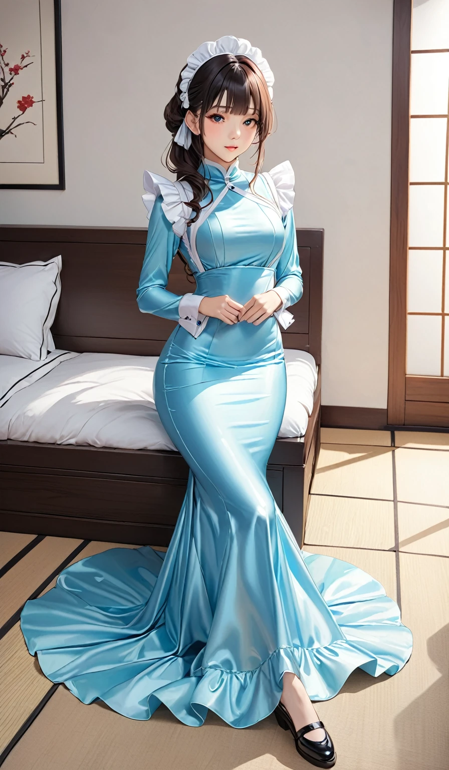 (masterpiece,highest quality,超A high resolution),Japanese women, (((Very beautiful 25 year old girl))), pretty girl、The maid uniform completely covers the whole body....、(Shiny light blue long sleeve maid dress)、High neck shirt、Mermaid-style long skirt、satin