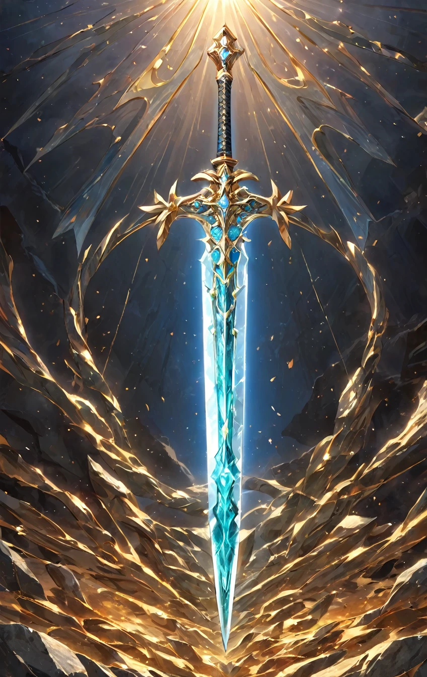 masterpiece, best quality, epic fantasy art style, simple sword made out of stone for card game, full art, full sword art, intricate details, ultra high resolution, sharp focus, HD, 8k, clear details, zoom out to get the full sword in the image, simple background, show full sword, sword centered on image to allow ample background to show