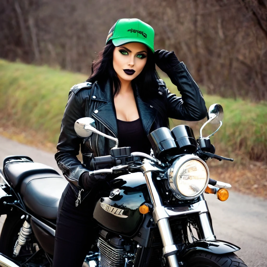 Photogenic fine young lady stand by the motorcycle, black hair , green eyes , tanned skin, shawl, wearing a cap, hair blow , tight black jacket, black pants, chin up, black lips, grin, gothic make up, black eye shadow