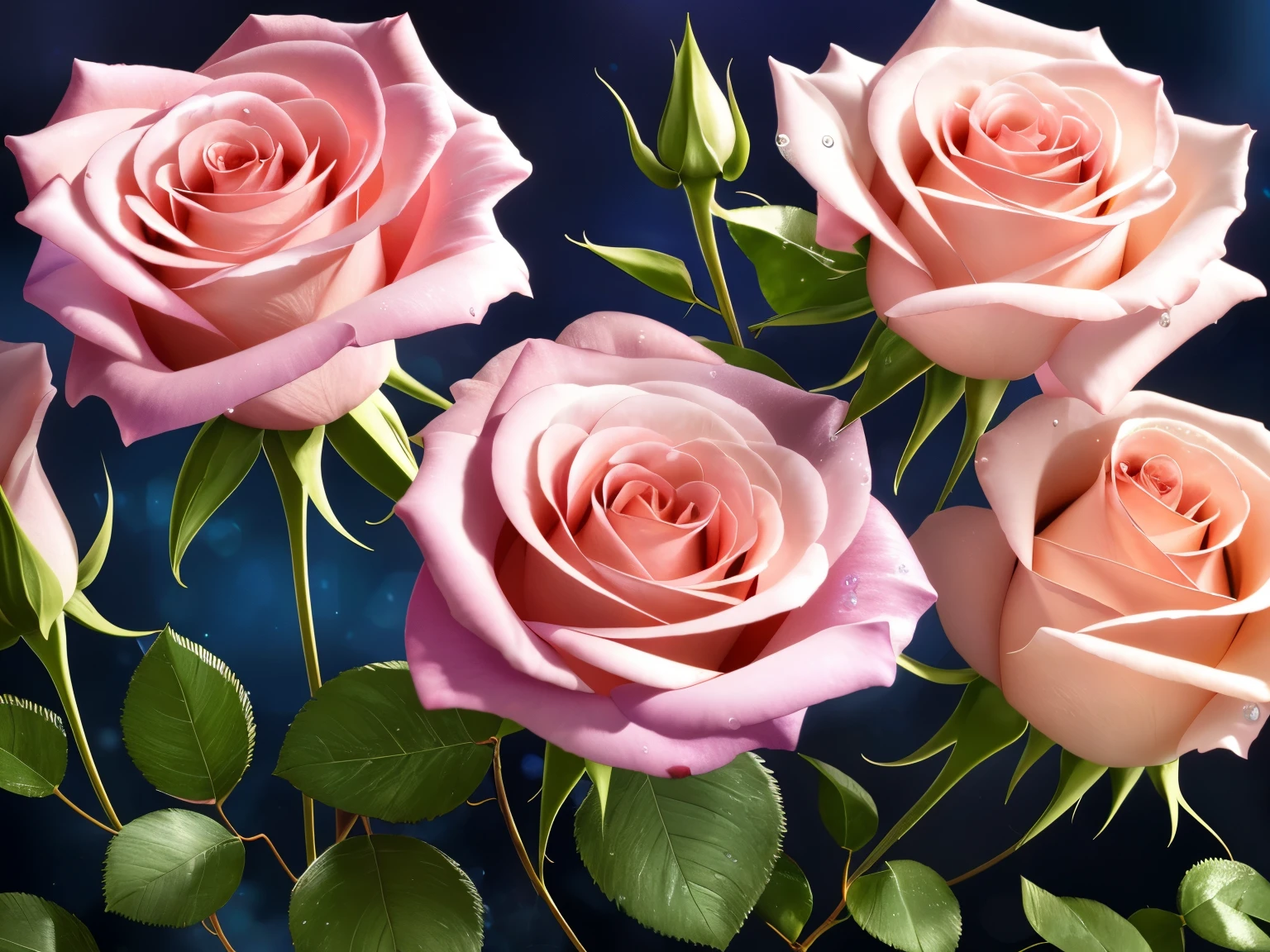 A captivating close-up of radiant roses, adorned with crystalline water droplets, is set against a softly blurred backdrop of a mesmerizing rose garden. The lush flowers are bathed in a soft, ethereal light, creating an enchanting aesthetic reminiscent of a dreamy cinematic scene. This exquisite masterpiece showcases fine, detailed brushstrokes and beautifully rendered water effects, elevating it to the status of a high-quality, extremely detailed CG unity 8k wallpaper. The intricate play of light and shadow, combined with the delicate, transparent petals of the roses, adds depth and drama to the composition.