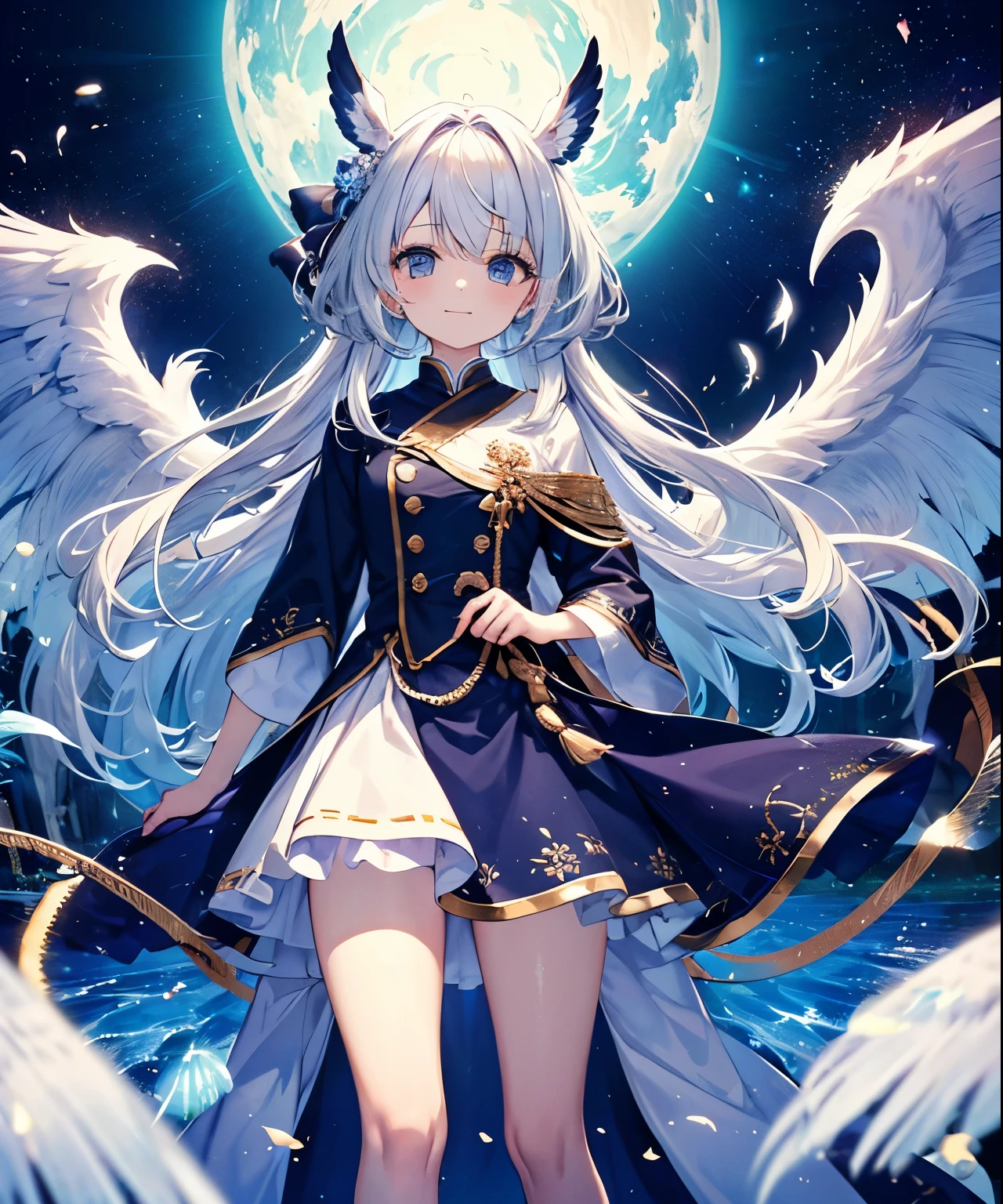 (((tmasterpiece)))、(((top-quality)))、((ultra - detailed))、(illustratio)、((Extremely Delicately Beautiful))、、Bright smile、Floating、、、long whitr hair、The wind is blowing、A WORLD、（adorable eyes）、white color hair！！！，dual horsetail！！！Spiral hair tail，blue color eyes，a cute ，frontage，standing on your feet，a paradise，wings