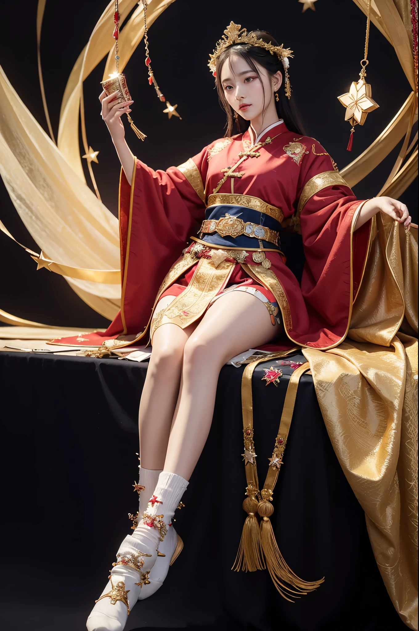 Wearing a star crown, flying colorfully，Wearing a red vestment。The shoes under your feet are full of embellishments，The precious belt around the waist is exquisite。A pair of Najin Lingbo socks，Half exposed skirt with embroidered velvet。Holding the Ruyi Golden Hook，The Jinzunli pole is as long as a python