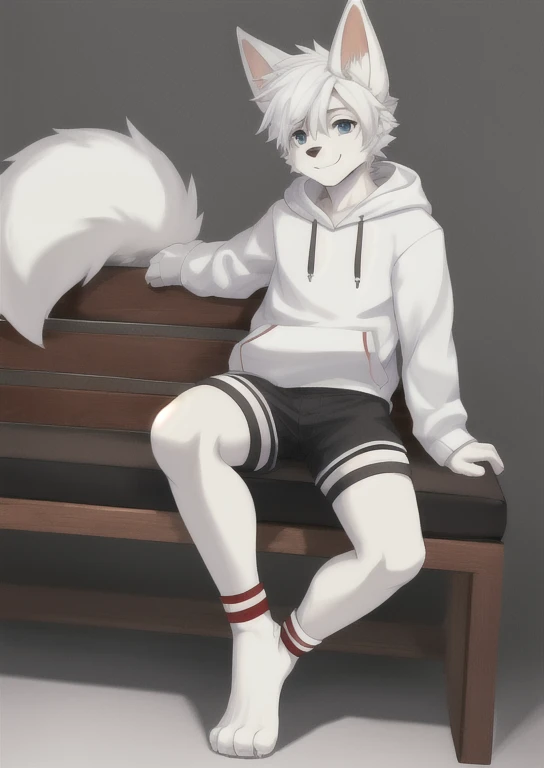 (An 18-year-old boy with white dog ears and white tail:1.1),smile,furry,full body,hoodie,shorts,no_shoes,leg_garter,early teen,fox ears,white hair,barefoot,