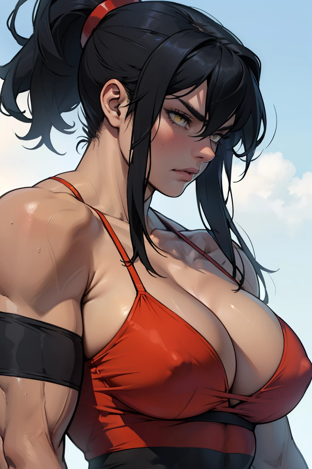 girl (((muscular))) ((massive breasts thick)) disappointed disappointed disappointed black hair yellow eyes pale skin close up