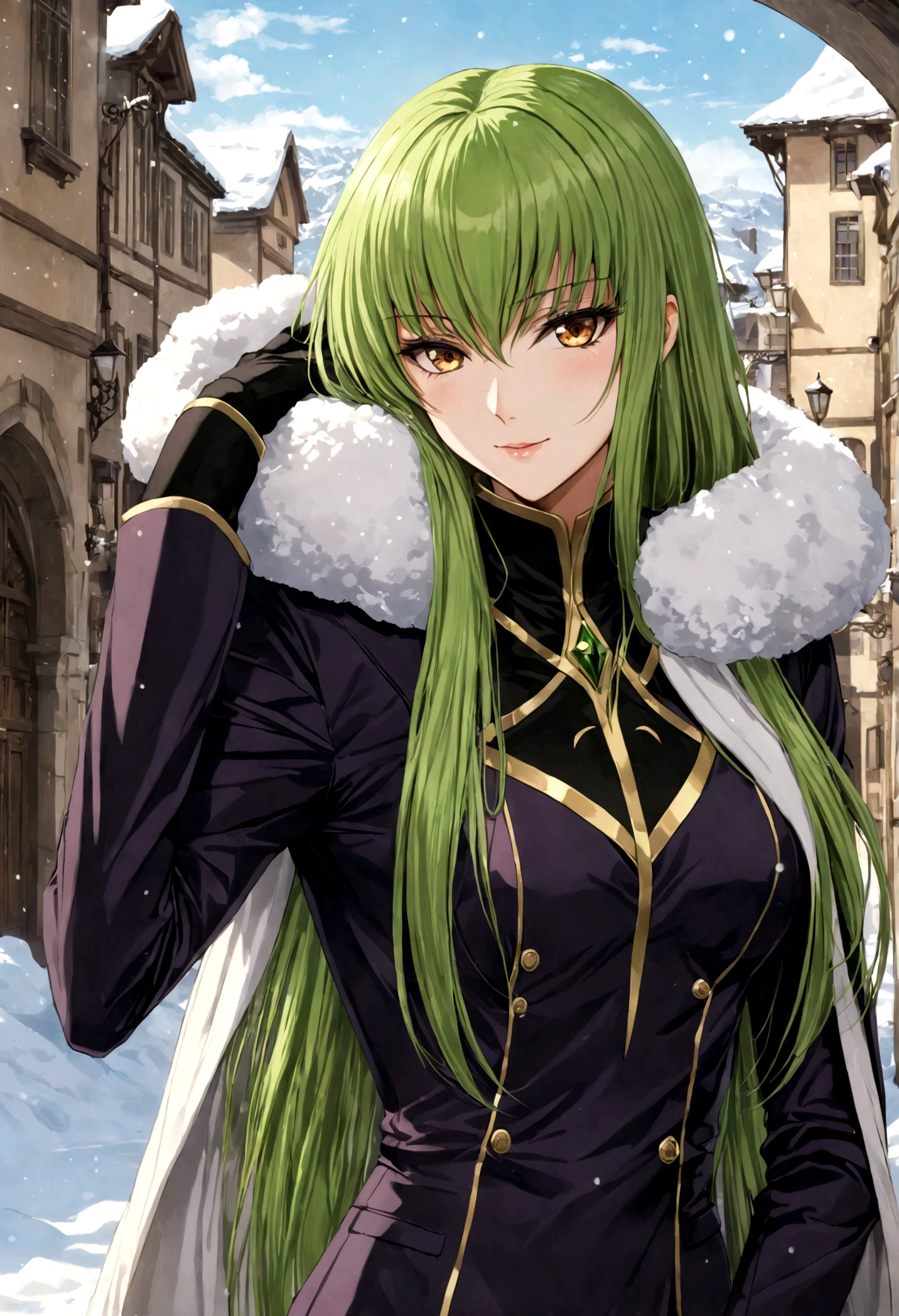 (1girl, Code Geass), C.C., "CODE GEASS Lelouch of the Rebellion", solo, (green hair), cc_codegeass, long hair, straight hair, bangs, brown eyes, hair between eyes, suit, cloak, winter, snow, seductive smile, looking at viewer, (masterpiece, best quality, Professional, perfect composition, very aesthetic, absurdres, ultra-detailed, intricate details:1.3)