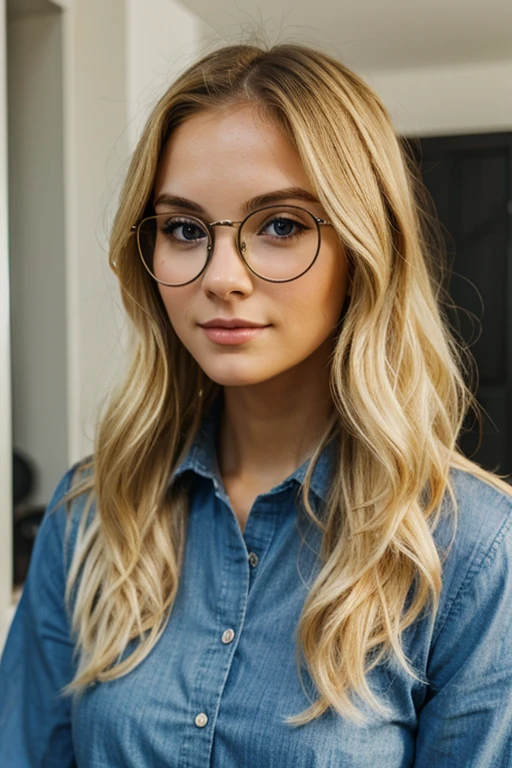 Pretty blonde girl with glasses with long wavy hair