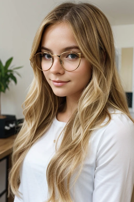 Pretty blonde girl with glasses with long wavy hair