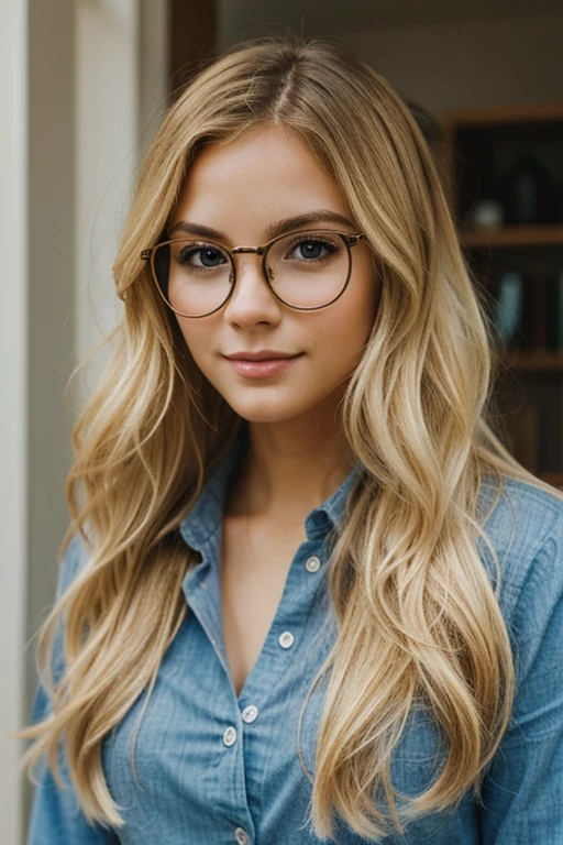 Pretty blonde girl with glasses with long wavy hair