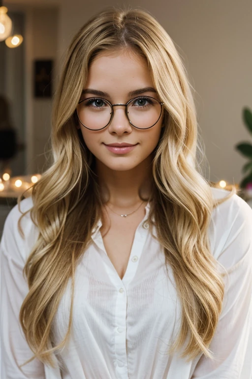 Pretty blonde girl with glasses with long wavy hair