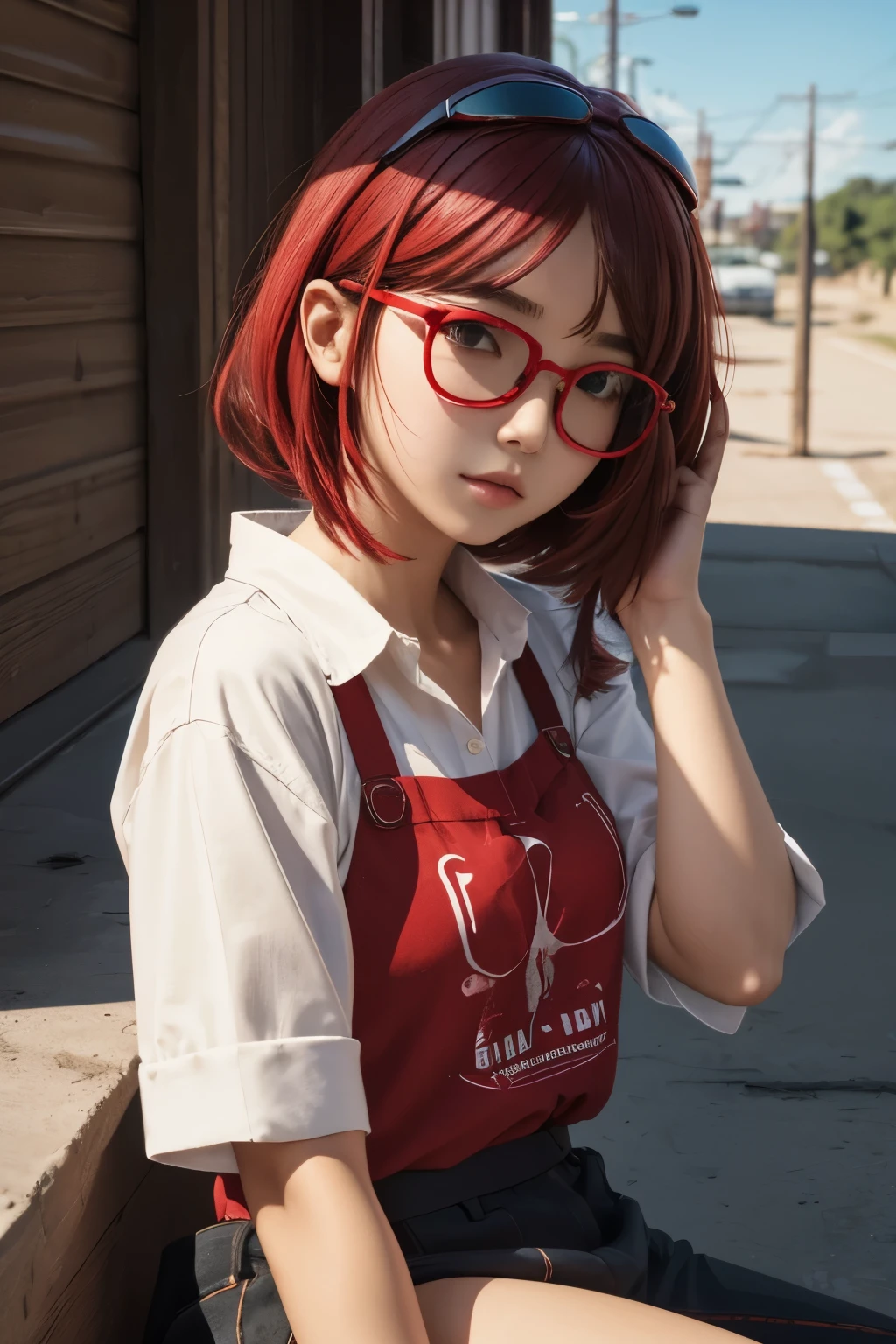 masterpiece, best_quality, 1girl, solo, gumi, , red eyewear on head,