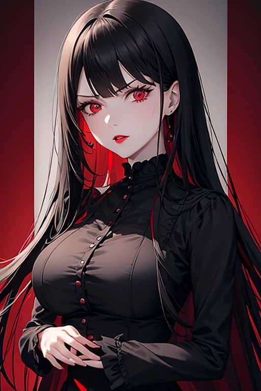 Mature woman, perfect anatomic draw, perfect eyes, long black hair, beautiful eyes, waved hair, straight bangs down, red eyes, pale skin, beautiful woman, gothic puff dress, red details on dress, in the grey background, red lips, sadisc face, serious woman, brave pose, dark.