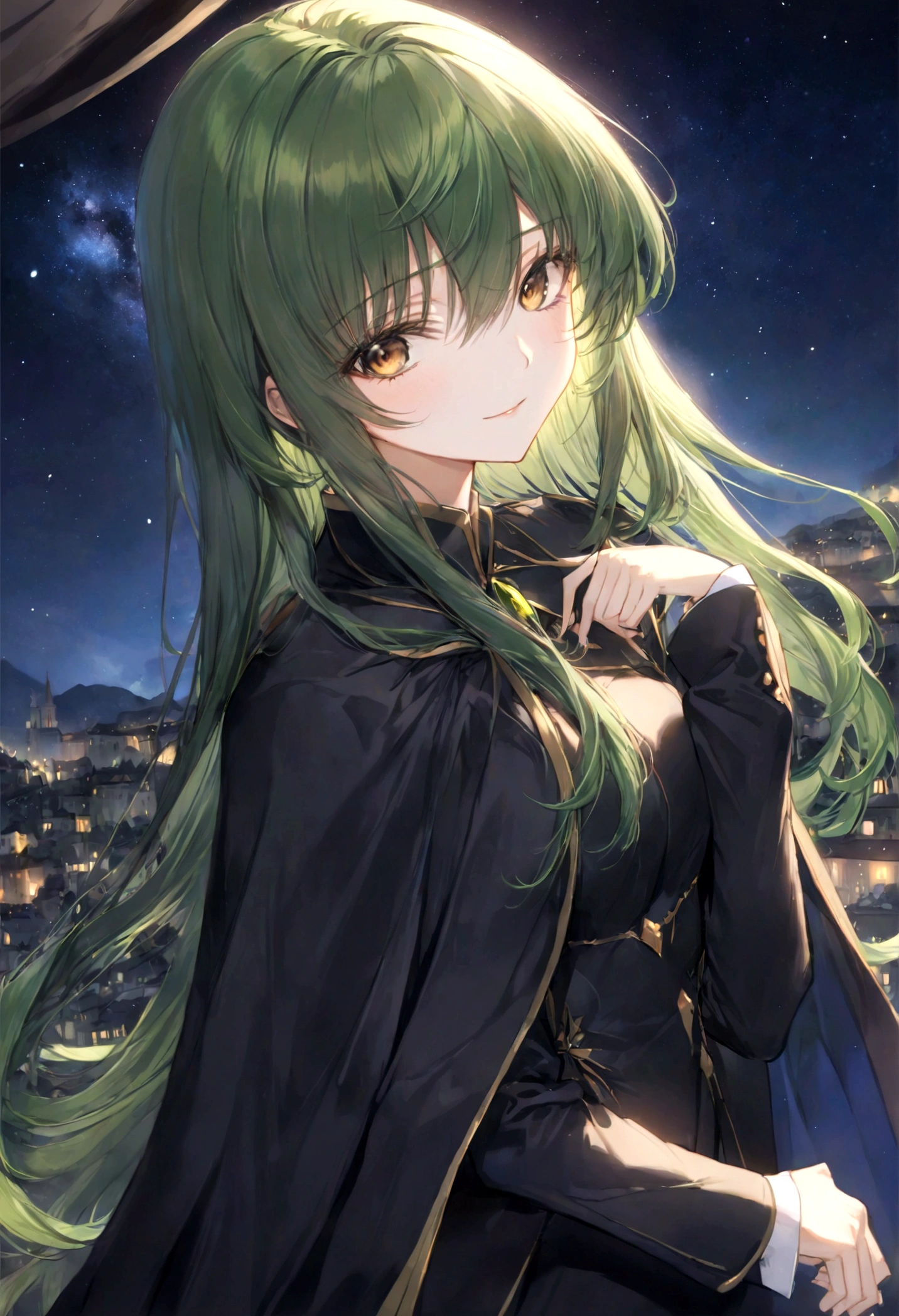 (1girl, Code Geass), C.C., "CODE GEASS Lelouch of the Rebellion", solo, (green hair), cc_codegeass, long hair, straight hair, bangs, brown eyes, hair between eyes, suit, cloak, stary night, seductive smile, looking at viewer, (masterpiece, best quality, Professional, perfect composition, very aesthetic, absurdres, ultra-detailed, intricate details:1.3)