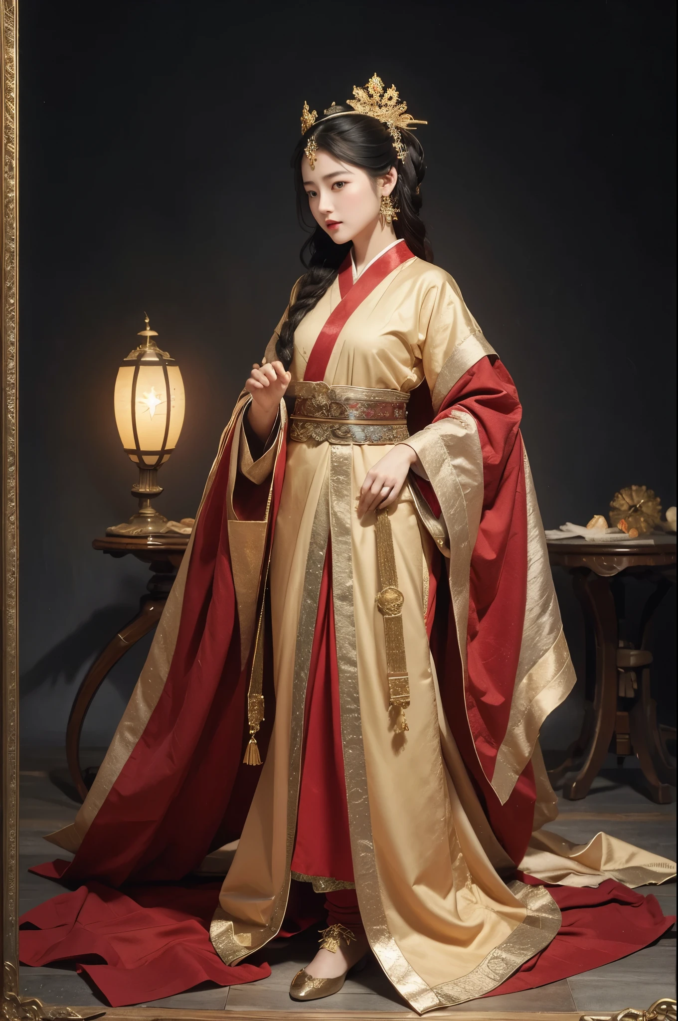 Wearing a star crown, flying colorfully，Wearing a red vestment。The shoes under your feet are full of embellishments，The precious belt around the waist is exquisite。A pair of Najin Lingbo socks，Half exposed skirt with embroidered velvet。Holding the Ruyi Golden Hook，The Jinzunli pole is as long as a python