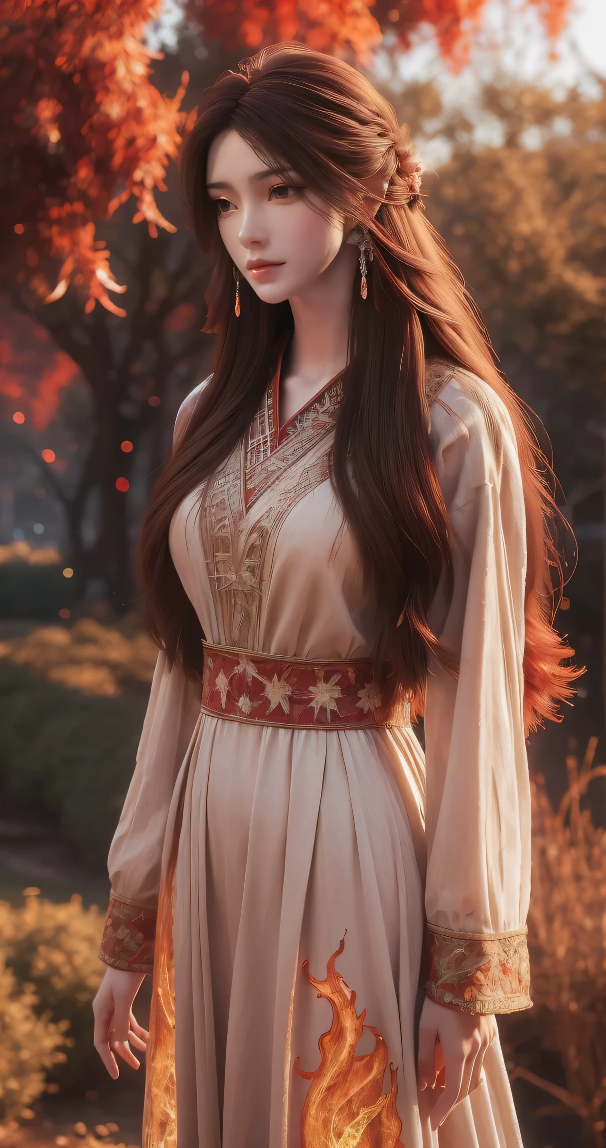 (absurdres, highres, ultra detailed), 1girl, solo, mature, (very long hair, red hair), Baroque, long dress, phoenix dress, long sleeve, elegant, colorful, highest detailed, upper body, outdoors, garden 