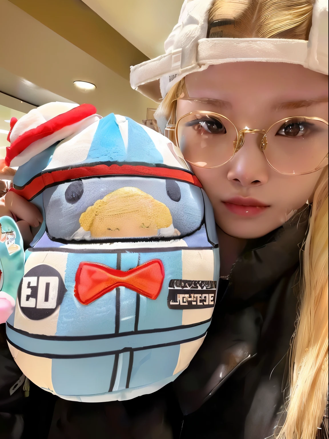 blond woman wearing glasses holding a stuffed animal wearing a hat, roseanne park of blackpink, jossi of blackpink, blackpink jennie, tzuyu from twice, cl, junko enoshima, gemma chen, 🚿🗝📝, lalisa manoban of blackpink, lulu chen, the robot wearing her human mask, ji-min, heonhwa choe