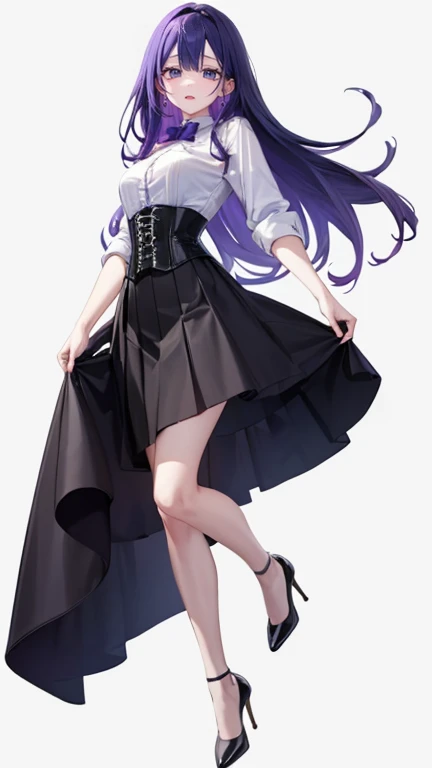 Purple Hair,Long Hair,Adult female,White Y-shirt,((Roll up her sleeves)),(corset),(Black tight skirt),(High heels),((A simple, blank white background)),smile,((full body)),((whole body)),