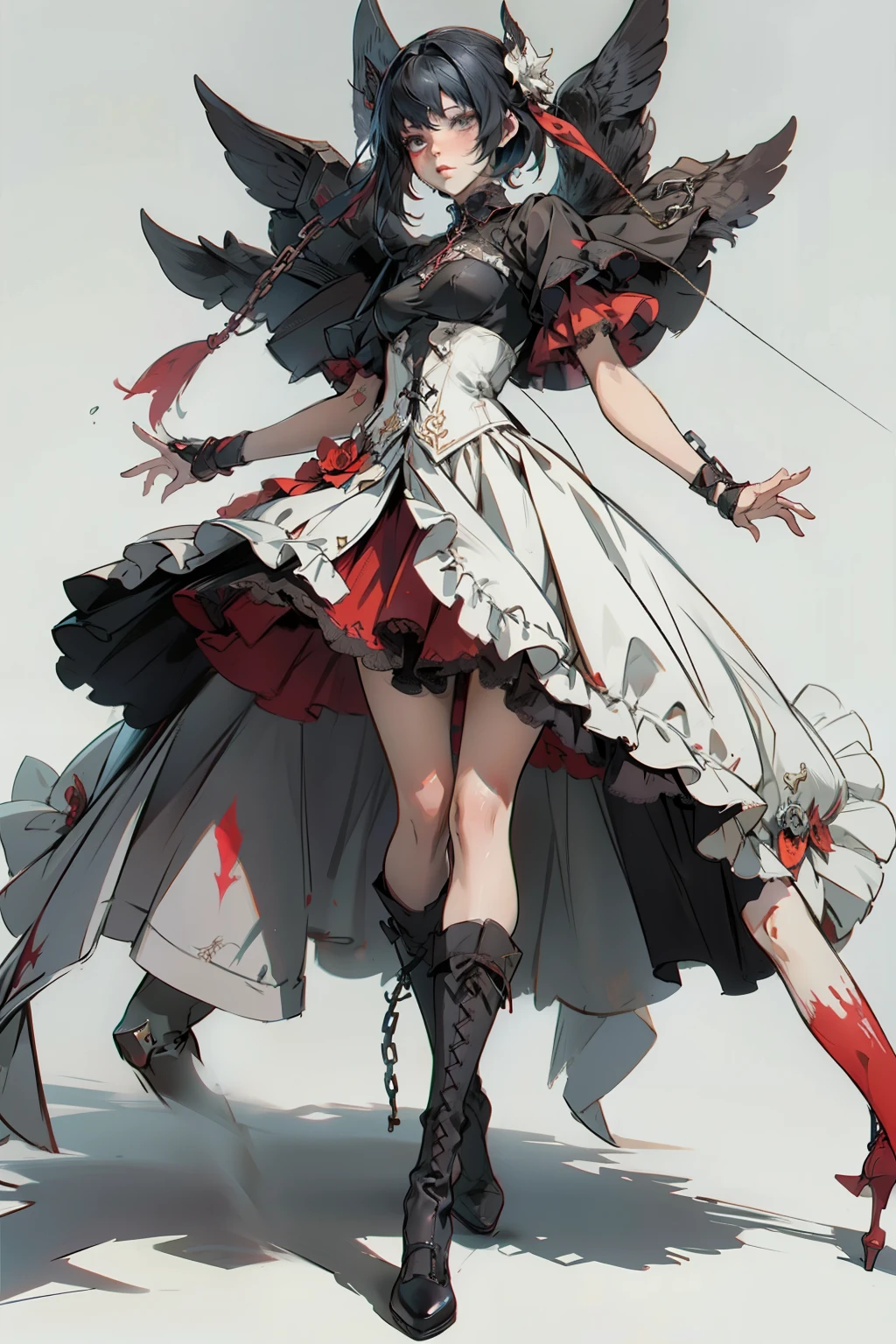 ((best quality)), ((masterpiece)), (detailed), a penitent female, blank white background, plain background, white background, red and white clothing, Bloodborne aesthetic,  occult aesthetic, occult, occult paraphernalia, detailed and intricate steampunk and detailed gothic, NSFW, Very dramatic and cinematic lighting, cosmic horror, grim-dark, side-lighting, perfect face, NSFW, Fluttering lace flared  dress with frilly petticoats, pleated petticoats, petticoats, complex lace boots, side-lighting, gothic aesthetic, chains, mechanical components, carbine, NSFW, beautiful small breasts, small breasts, full body, whole body, body, plain background, white background, blank background, no background, white background NSFW, full body, whole body, head-to-toe dynamic poses NSFW