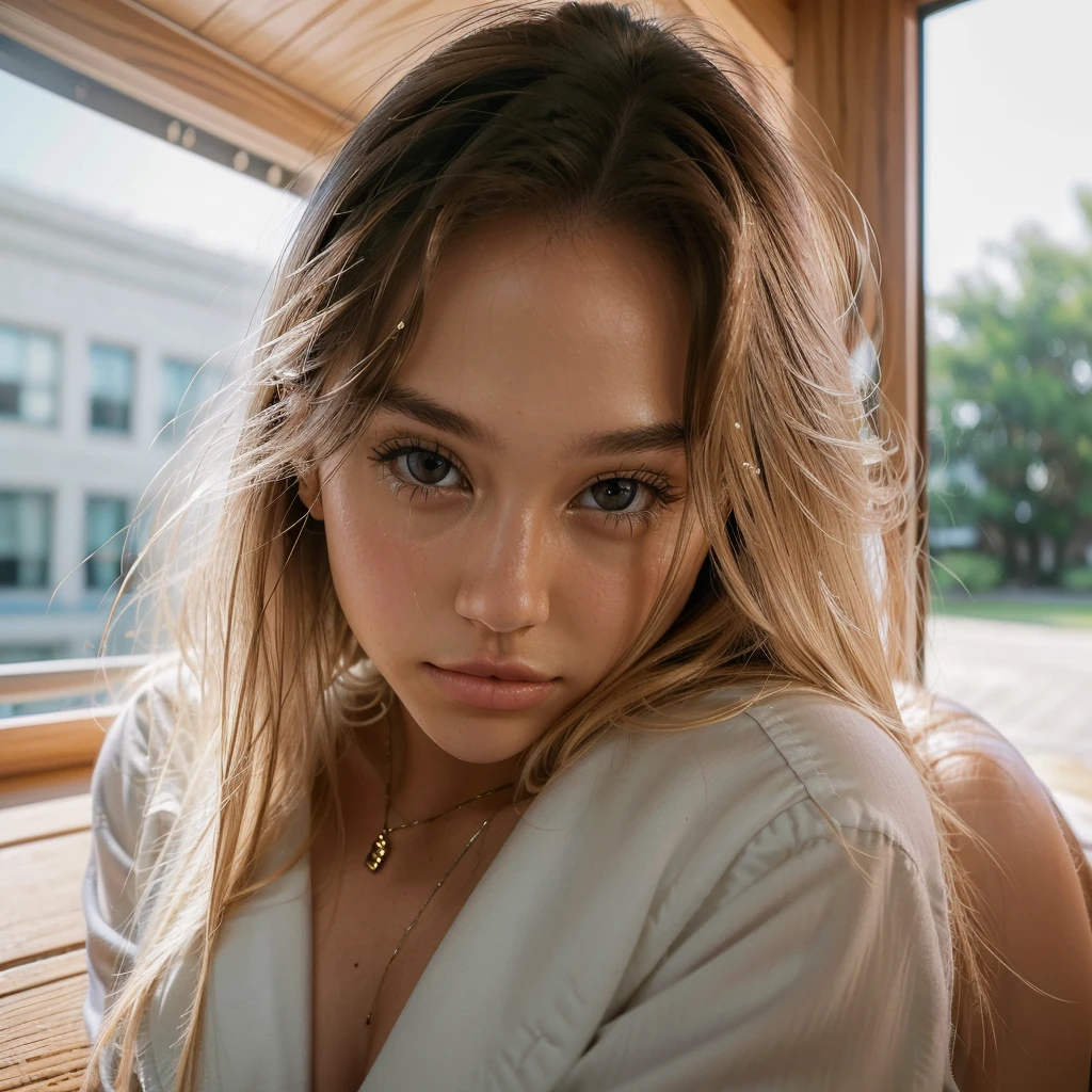 Realistic photo of a beautiful 18 year old ALEXIS-REN, (best quality,ultra-detailed,realistic:1.2),beautiful detailed eyes,beautiful detailed lips,blonde hair,
Wearing a catholic school sexy uniform