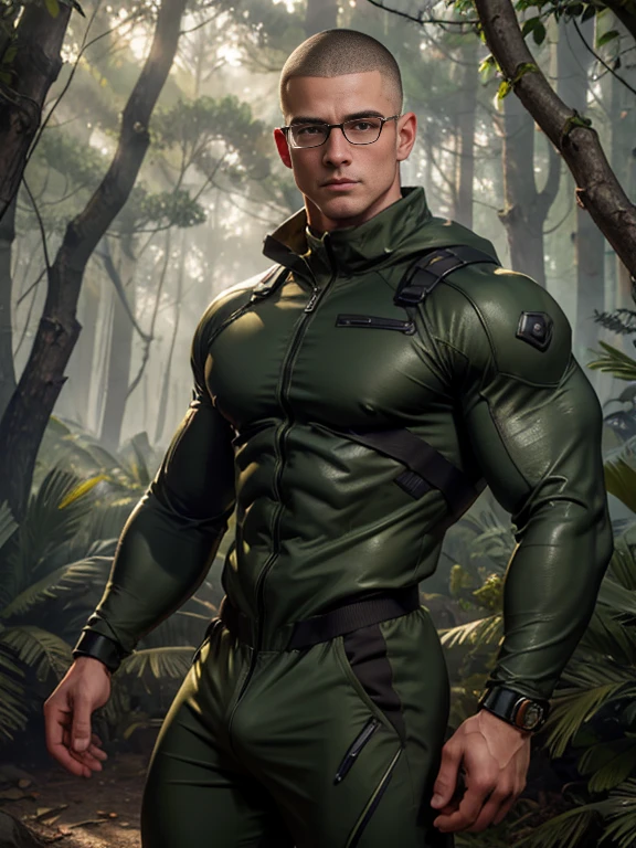 a muscular man, glasses , abs, buzz cut hairstyle, hazel eyes, wearing a hunter suit, forest background, portrait, realistic, photorealistic, cinematic lighting, extremely detailed facial features, extremely detailed face and body, hyper realistic, 8k, high quality, masterpiece