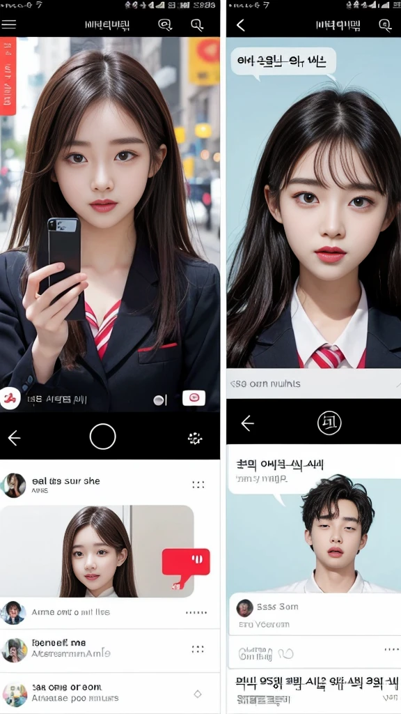 (high quality), (NSFW:1.2), Split screen vertically, 1 girl and 1 man are dating online by exchanging own photos and messages using a smartphone chatting app, 18 years old, korean, long distance relationship, The text is written in English., they weared korean high school uniforms, whole body, Focus your eyes on your phone screen and be happy, Upload your photos to an online community using a smartphone app, Men are crazy about her posts online, just like cartoon cuts., They're sending her messages asking to chat, You are amused by their reactions, light makeup, slim figure, (girl weared thin and natural pantyhose : 1.9), (girl weared slim high_school uniform_pencil skirt and blouse : 1.6),(a man weared high school uniform_shirts and pants:1.5), (they weared school uniform_blazer and tie), separation of cuts, separation of scenes