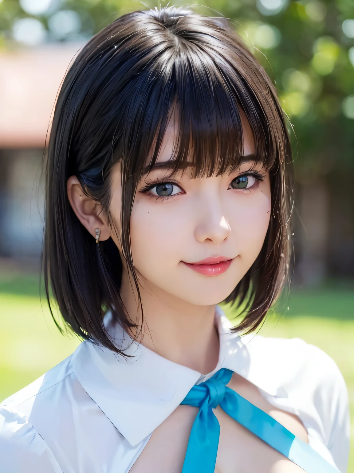 (SFW:1.8、masterpiece, highest quality),1 girl, alone, hyper Realistic, Realistic,Realistic, Looking at the audience, Bright blue-green eyes:1.4,Brunette Short Bob Hair with highly detailed shiny hair, Very delicate and beautiful brightly colored clothing:1.4, Lepangas:1.4), Mouth closed, Upper Body、big chest eye、eyelash、{Huge|big chest|Hugeな|Mega} whole :2, Chest cleavage:2、(((Beautiful and cute bangs:2、Jet Black Hair:2、Add highlights to the eyes:1.4、big chest eye、Short Bob Hair、Glowing Skin:1.4、Looking at the audience、She is very 美しい and cute、Show me your ears、Beautiful long neck、smile、Please close your mouth and laugh、Bangs and beautiful teeth)))、Ideal body type、((school uniform、uniform, blazer、School teacher、Background in front of the school gate、Beautiful cherry blossom tree background))、Beautiful long neck:1.4、(({Huge|big|Huge|Mega} chest, Chest cleavage:2))、(((Portraiture:2、Face close-up:2、Close up of chest:2)))、((Transparency、clear、Transparent beauty、Gloss))、Perfect Anatomy、((Vertical Portrait, Attractive woman))
