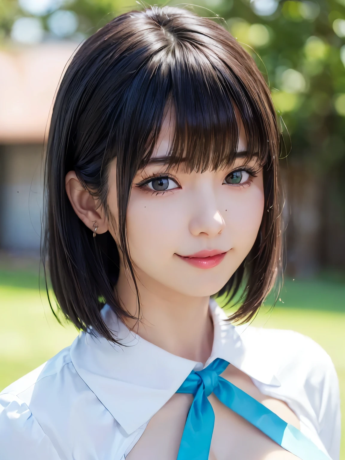 (SFW:1.8、masterpiece, highest quality),1 girl, alone, hyper Realistic, Realistic,Realistic, Looking at the audience, Bright blue-green eyes:1.4,Brunette Short Bob Hair with highly detailed shiny hair, Very delicate and beautiful brightly colored clothing:1.4, Lepangas:1.4), Mouth closed, Upper Body、big chest eye、eyelash、{Huge|big chest|Hugeな|Mega} whole :2, Chest cleavage:2、(((Beautiful and cute bangs:2、Jet Black Hair:2、Add highlights to the eyes:1.4、big chest eye、Short Bob Hair、Glowing Skin:1.4、Looking at the audience、She is very 美しい and cute、Show me your ears、Beautiful long neck、smile、Please close your mouth and laugh、Bangs and beautiful teeth)))、Ideal body type、((school uniform、uniform, blazer、School teacher、Background in front of the school gate、Beautiful cherry blossom tree background))、Beautiful long neck:1.4、(({Huge|big|Huge|Mega} chest, Chest cleavage:2))、(((Portraiture:2、Face close-up:2、Close up of chest:2)))、((Transparency、clear、Transparent beauty、Gloss))、Perfect Anatomy、((Vertical Portrait, Attractive woman))