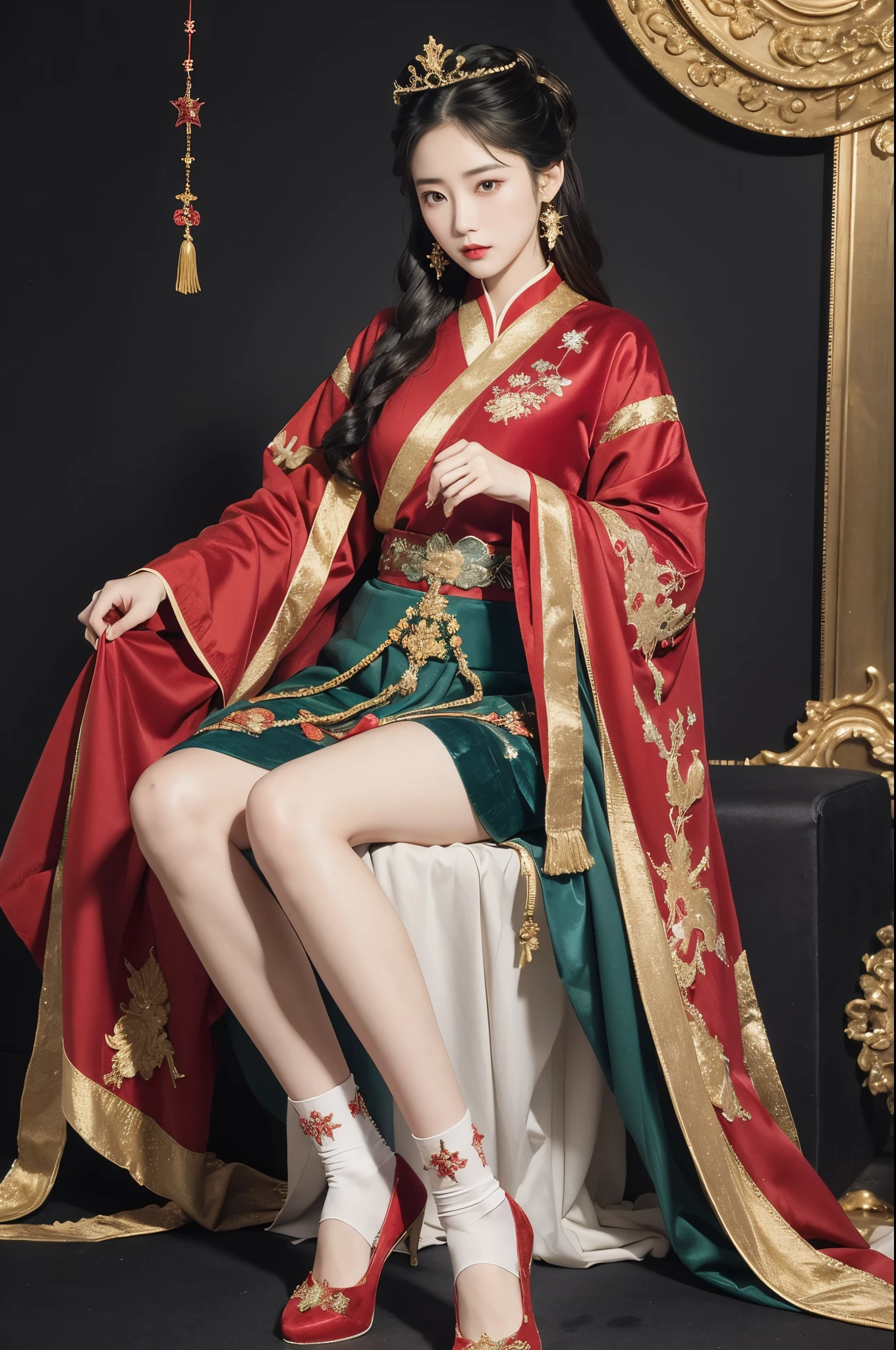 Wearing a star crown, flying colorfully,Wearing a red vestment。The shoes under your feet are full of embellishments,The precious belt around the waist is exquisite。A pair of Najin Lingbo socks,Half exposed skirt with embroidered velvet。Holding the Ruyi Golden Hook,The Jinzunli pole is as long as a python