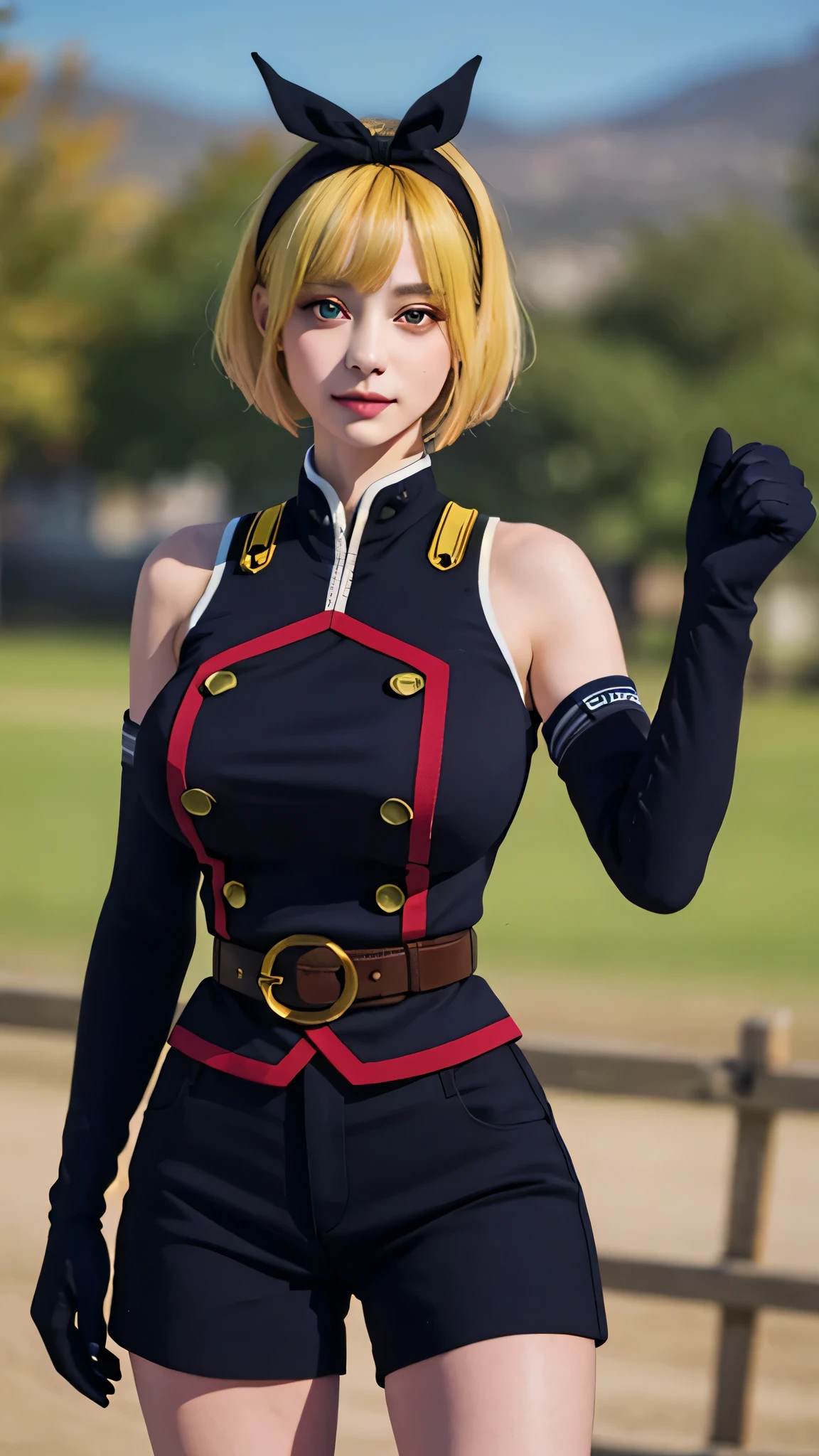 Top quality, 8k, 32k, Masterpiece, photorealistic, realistic, (photorealistic:1,4), solo, slight smile, dramatic lighting, professional makeup, breasts, (natural big breasts: 1.3), (seductive), beautiful white face shining, beautiful face, pink cheeks, beautiful lips, porcelain skin, detail intricate, super detailed, super high, highest detailed, high detailed, delicate, incredible detailed, fine detailed, cinematic lighting, top quality, smooth and beautiful, CG, unity, 8k wallpaper, Stunning, fine detail, unity CG wallpaper 8k ultra-detailed, large file size, ultra-detailed, high resolution, incredible detail, stunning detail, depth of field, outdoors, Hands down, black sky background, uniform, gloves, elbow gloves, belt, black gloves, shorts, black shorts, Shushu Suruga, 1girl, yellow hair, green eyes, ((looking at viewer)), short hair, large breasts, hairband, bangs, upper body, standing, idle, outdoors, sunny