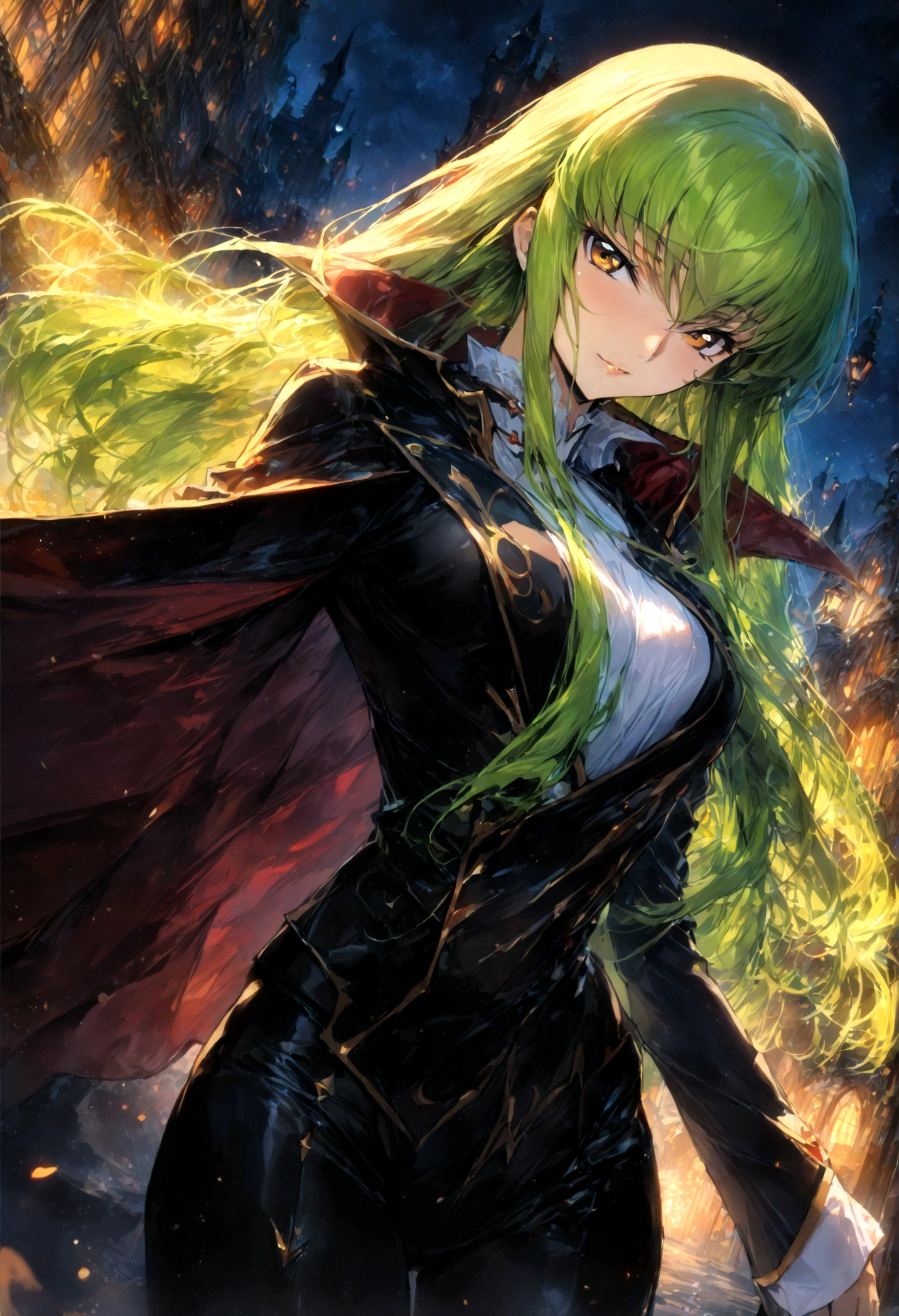 (1girl, Code Geass), C.C., "CODE GEASS Lelouch of the Rebellion", solo, (green hair), cc_codegeass, long hair, straight hair, bangs, brown eyes, hair between eyes, suit, cloak, stary night, outdoor, seductive smile, looking at viewer, (masterpiece, best quality, Professional, perfect composition, very aesthetic, absurdres, ultra-detailed, intricate details:1.3)