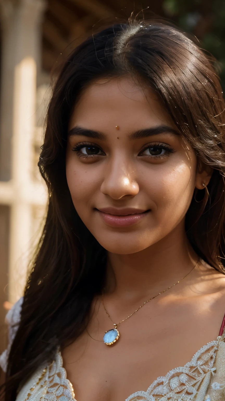 A beautiful Indian girl cute smile (best quality,4k,8k,highres,masterpiece:1.2),ultra-detailed,(realistic,photorealistic,photo-realistic:1.37),1girl,beautiful Indian girl,cute smile,beautiful detailed eyes,beautiful detailed lips,extremely detailed eyes and face,long eyelashes,intricate detailed face,elegant expression,warm lighting,soft colors,cinematic lighting,glowing skin,detailed jewelry,detailed clothing,beautiful background