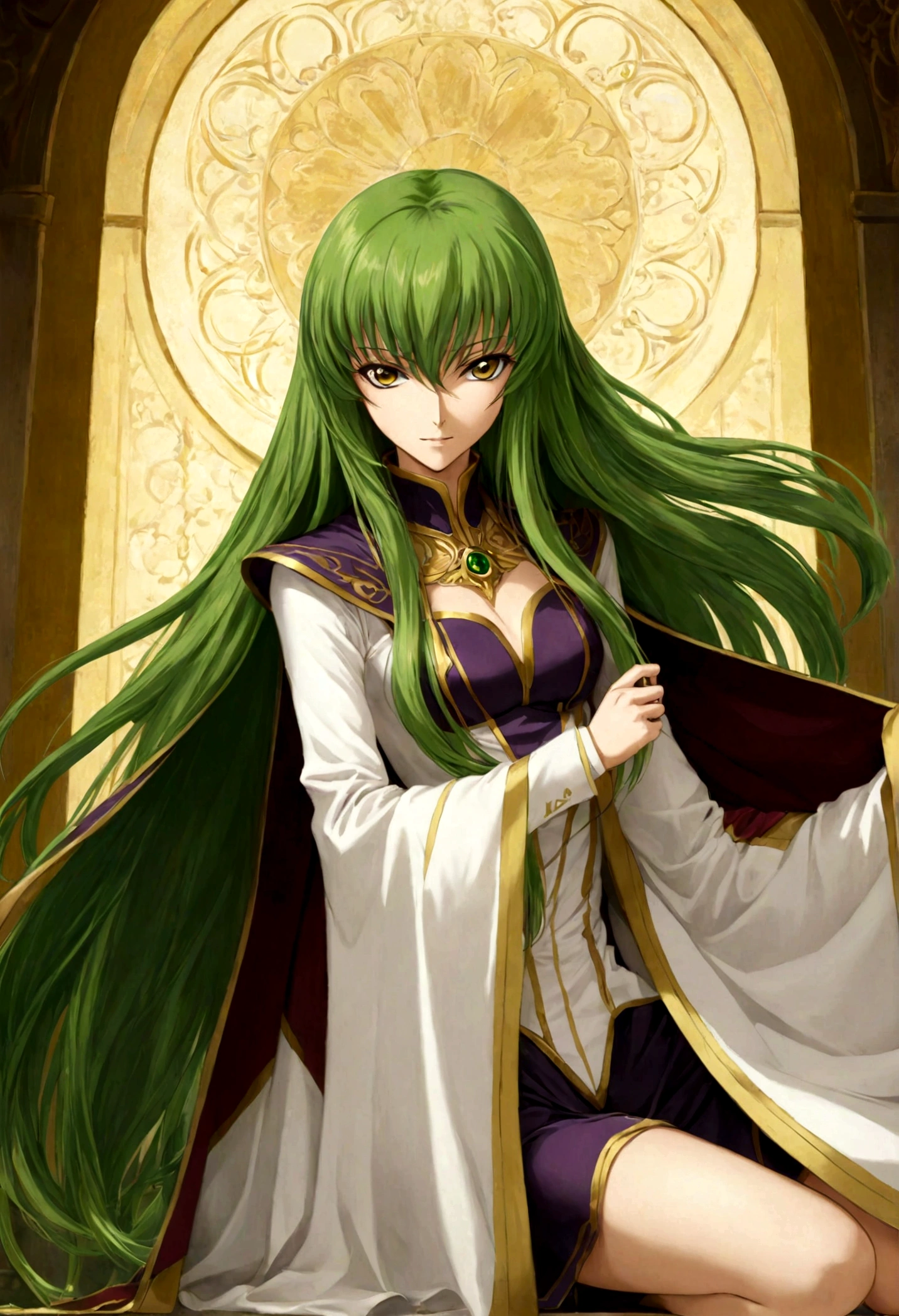 (1girl, Code Geass), C.C., "CODE GEASS Lelouch of the Rebellion", solo, (green hair), cc_codegeass, long hair, straight hair, bangs, brown eyes, hair between eyes, chinese suit, cloak, seductive smile, looking at viewer, (masterpiece, best quality, Professional, perfect composition, very aesthetic, absurdres, ultra-detailed, intricate details:1.3)