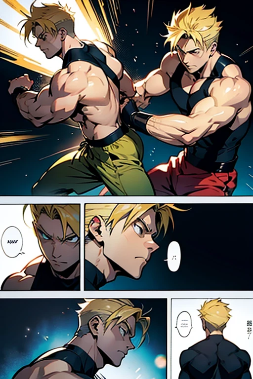 Anime guy with blonde hair dodging punches, manga page with panels and dialogue 