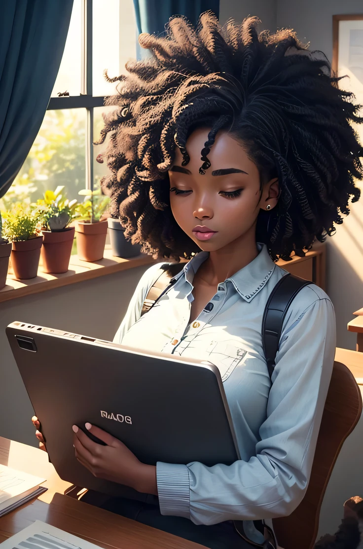 beautiful black dark skin girl with afro hair, studying in a room, fill with plants, study desk with two monitors, beautiful blue lights, cat sleeping by the window, black girl looking at phone on the desk, best quality, high res, ultra-sharp, masterpiece