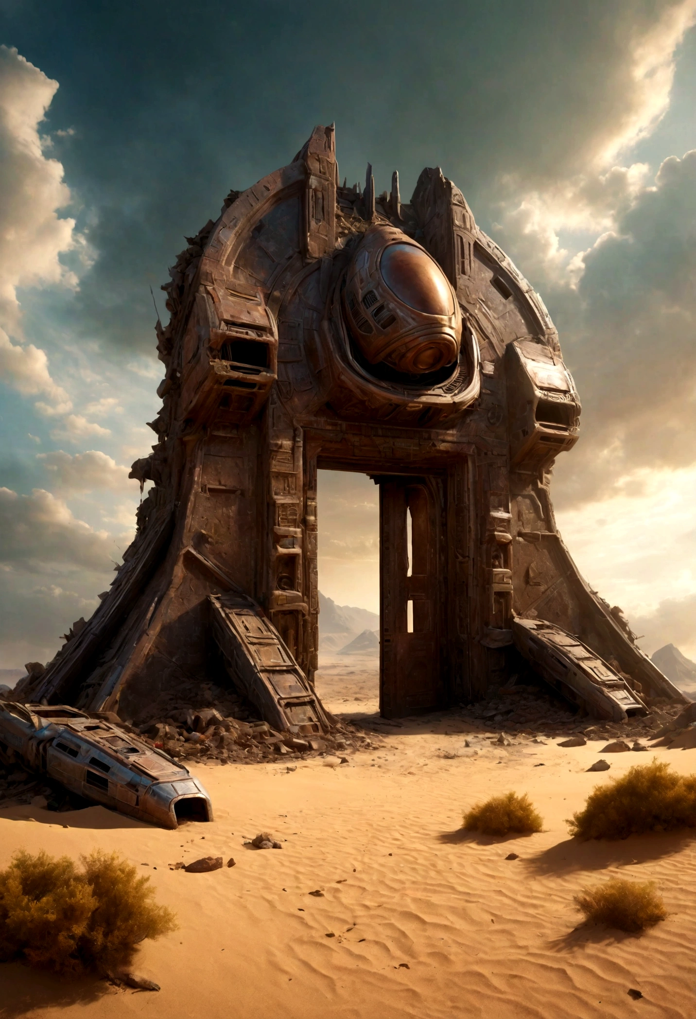 (EN UN VALLE RODEADO DE ACANTILADOS) ((THE DOOR OF AN ALIEN TEMPLE IN RUINS AND IN PIECES) , (A GIANT, THREE-LEVEL, 300-METER-LONG SPACESHIP FALLING RUSTY ABANDONED LAYING IN THE SAND CRUMBLED INTO DOZENS OF PIECES BY TIME))), SUPER HIGH DEFINITION IMAGE WITH HYPER REALISM , MUCHO CALOR, PLANETA SECO, hyper realistic in 4K, cinematic lighting. little vegetation on alien planet other than Earth, cloudy stormy and cold weather, el sol se oculta
