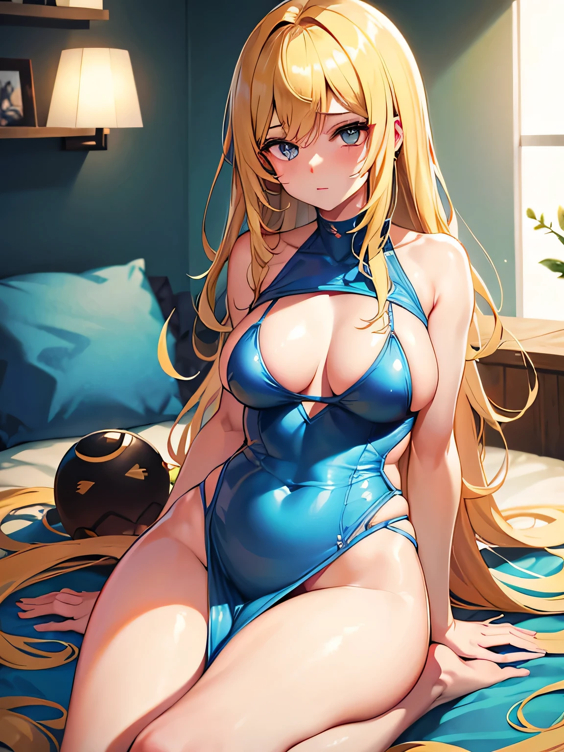 Samus Aran, olhos azuis, impressive proportions, fundo branco, cabelo longo, rabo de cavalo eu, extremamente detalhado, brilhante, corpo todo, sensual, decote, pernas abertas, batom cor de rosa, nas costas, sem mangas, meias altas, macio, Bunda, (((apaixonado pelo espectador)))