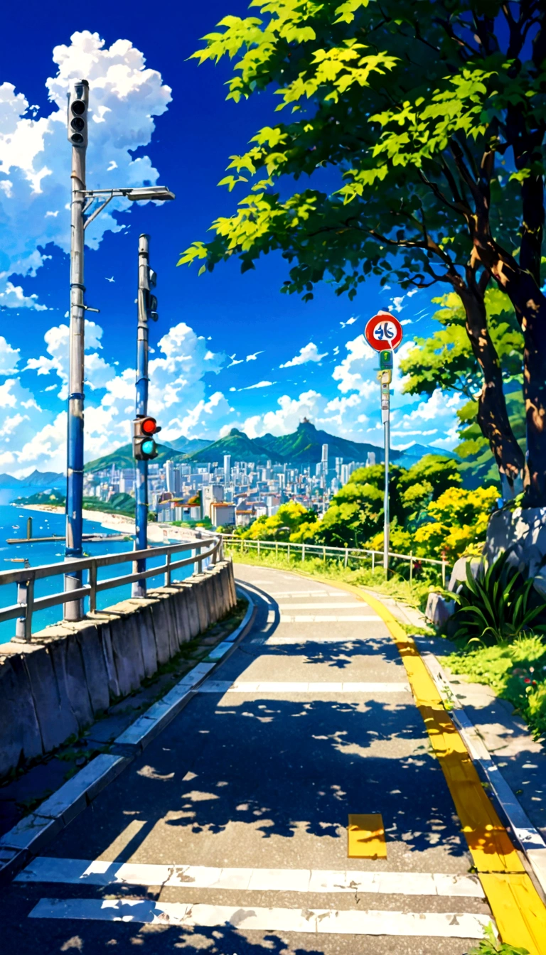 A painting depicting a waterside street, Traffic light on pole, rio de janeiro in an Japanese Manga film, Japanese Manga. author:Xin Haicheng, Japanese Manga landscape, author:Xin Haicheng, author:Xin Haicheng, Japanese Manga landscape wallpaper, Japanese Manga scenery, hd Japanese Manga cityscape, Xin Haicheng和 (cain kuga), Xin Haicheng'style, high resolution, Uhigh resolution, high resolutionR, 3.20 thousand,9:16